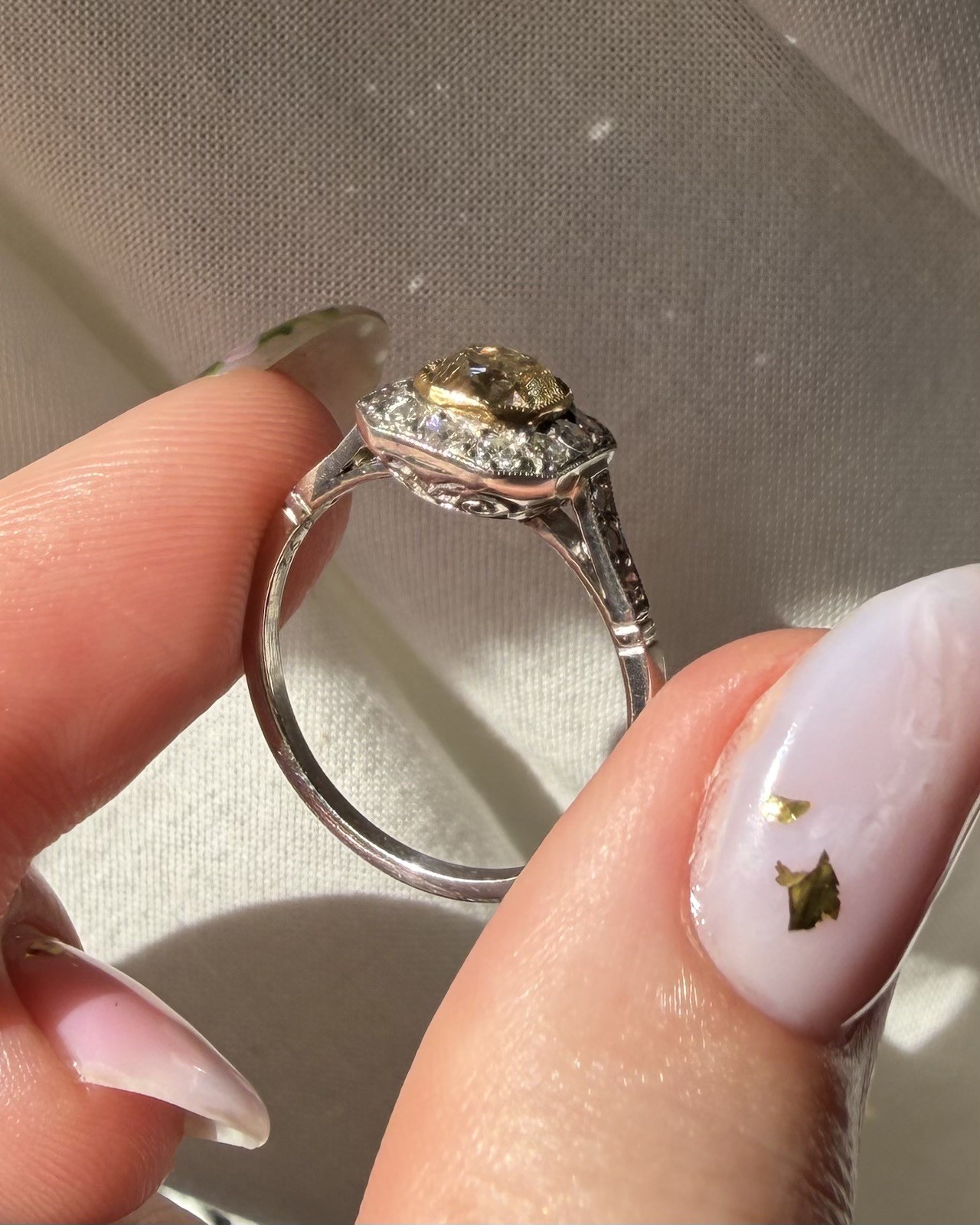 Art Deco-Inspired Platinum Fancy Light Yellowish-Brown Old Mine Cut Ring