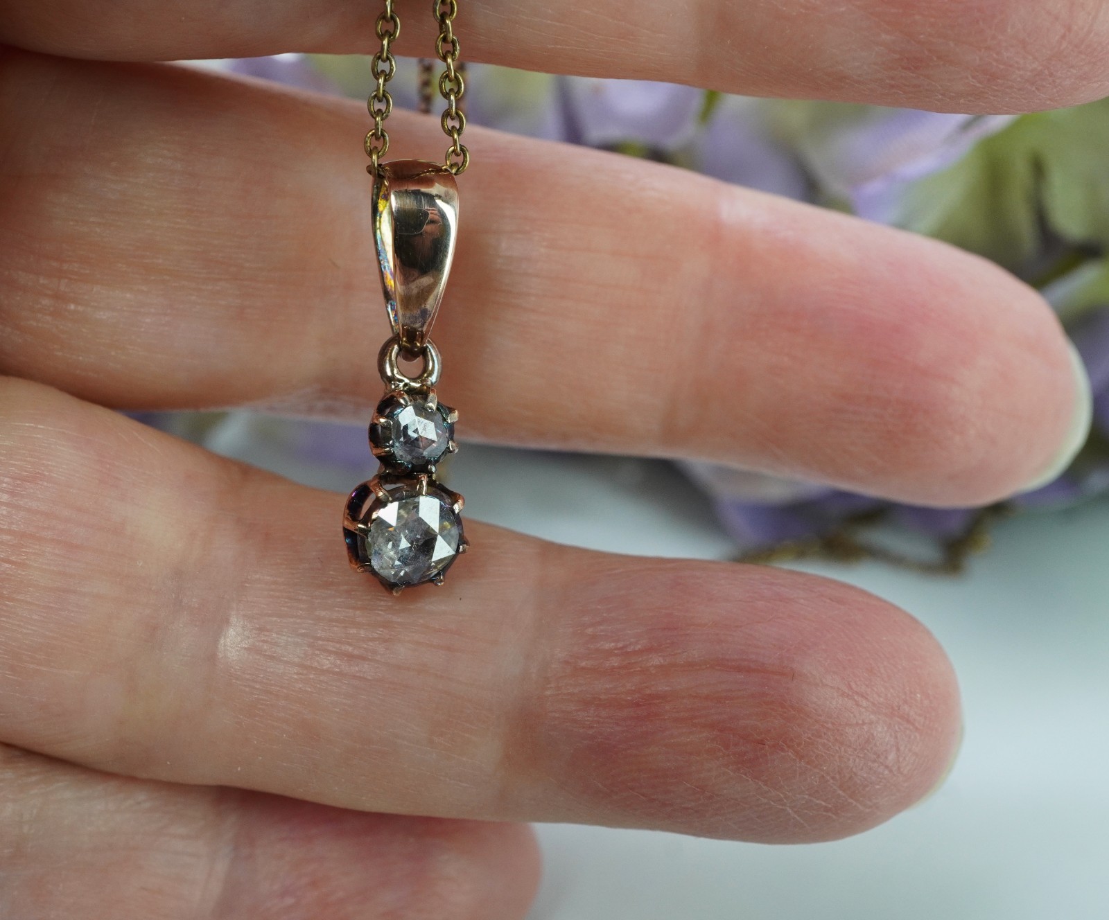 Georgian Antique Rose cut Diamond Pendant Charm 14K Gold Silver
