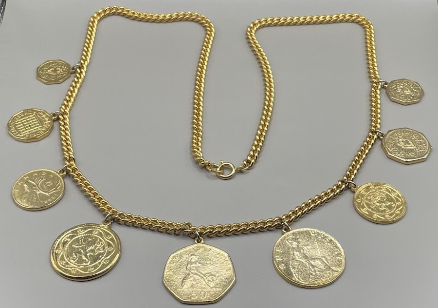 Women’s Coin Necklace Gold Plated French Canadian United Kingdom 40s 50s 60s 70s