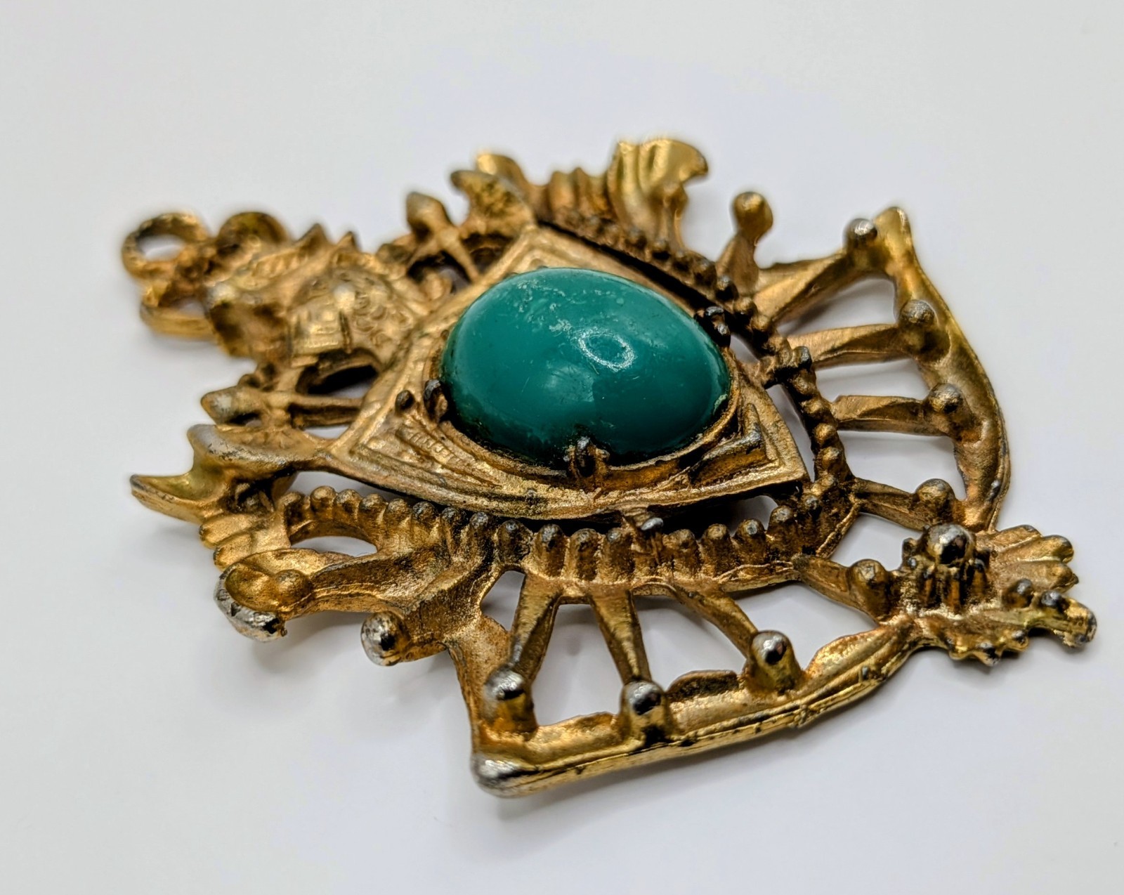 Vintage Heraldic Crown Lion Crest Pendant Lot Gold Tone Teal Green Pink Marbled