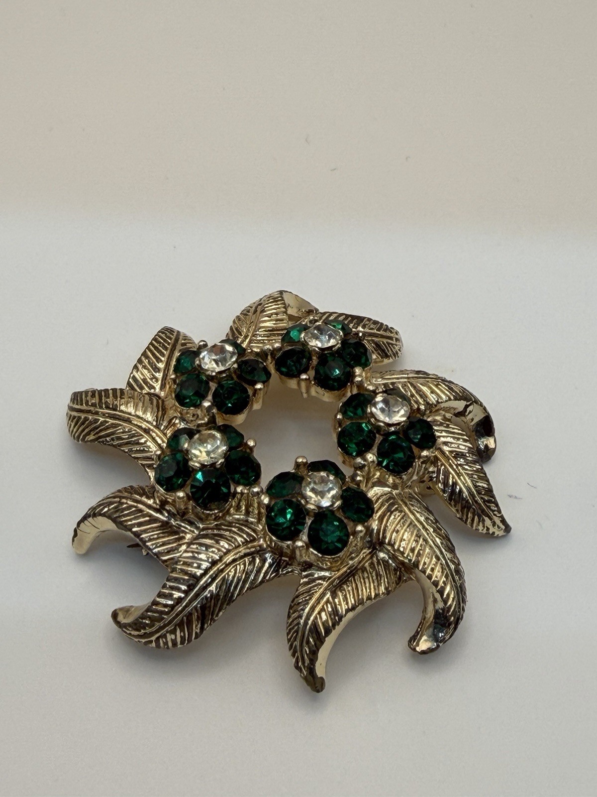 Vintage Rhinestone Brooch & Earrings Green Crystal Floral Gold Tone Demi-Parure