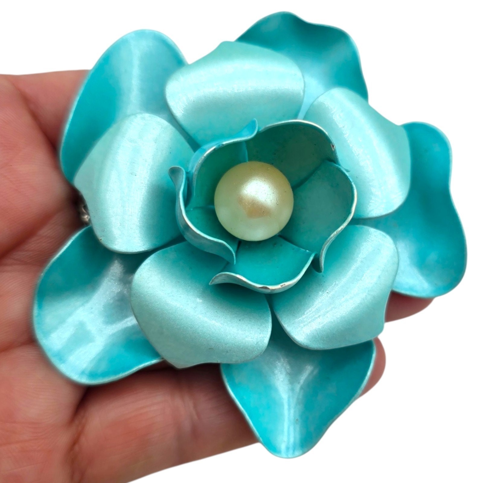 Vintage Brooch Flower Floral 3D Light Blue White Painted On Metal Statement