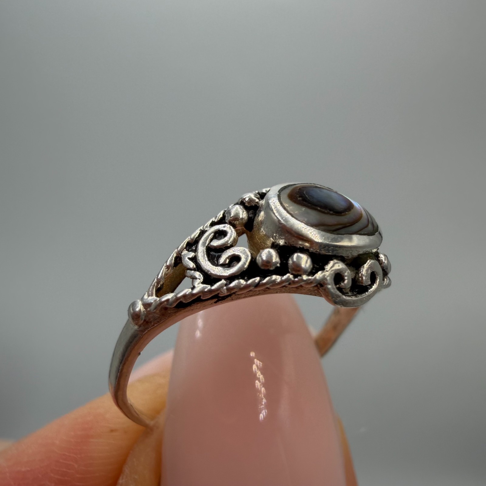 Vintage 925 Sterling Silver Abalone Shell Ring Filigree Boho Women Size 5.5