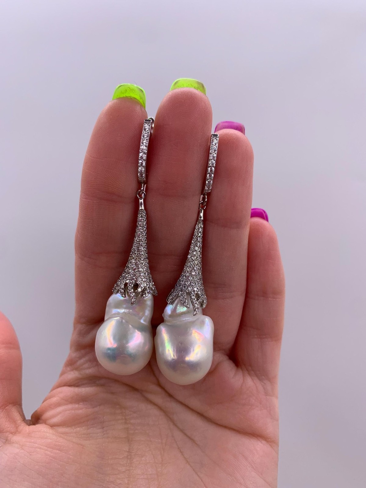 2.6” White Baroque Flameball Pearl Drop Earrings CZ Leverback Bridal Gift