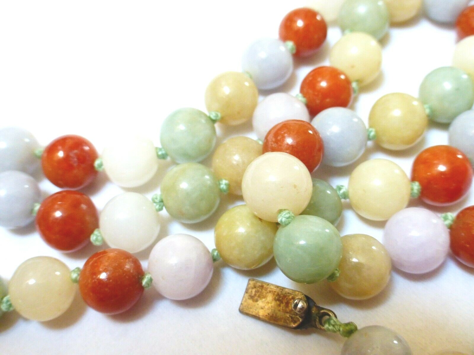Vintage Chinese Multi-Color Jade 9mm Beads Necklace Pendant, Silver Clasp, 25″