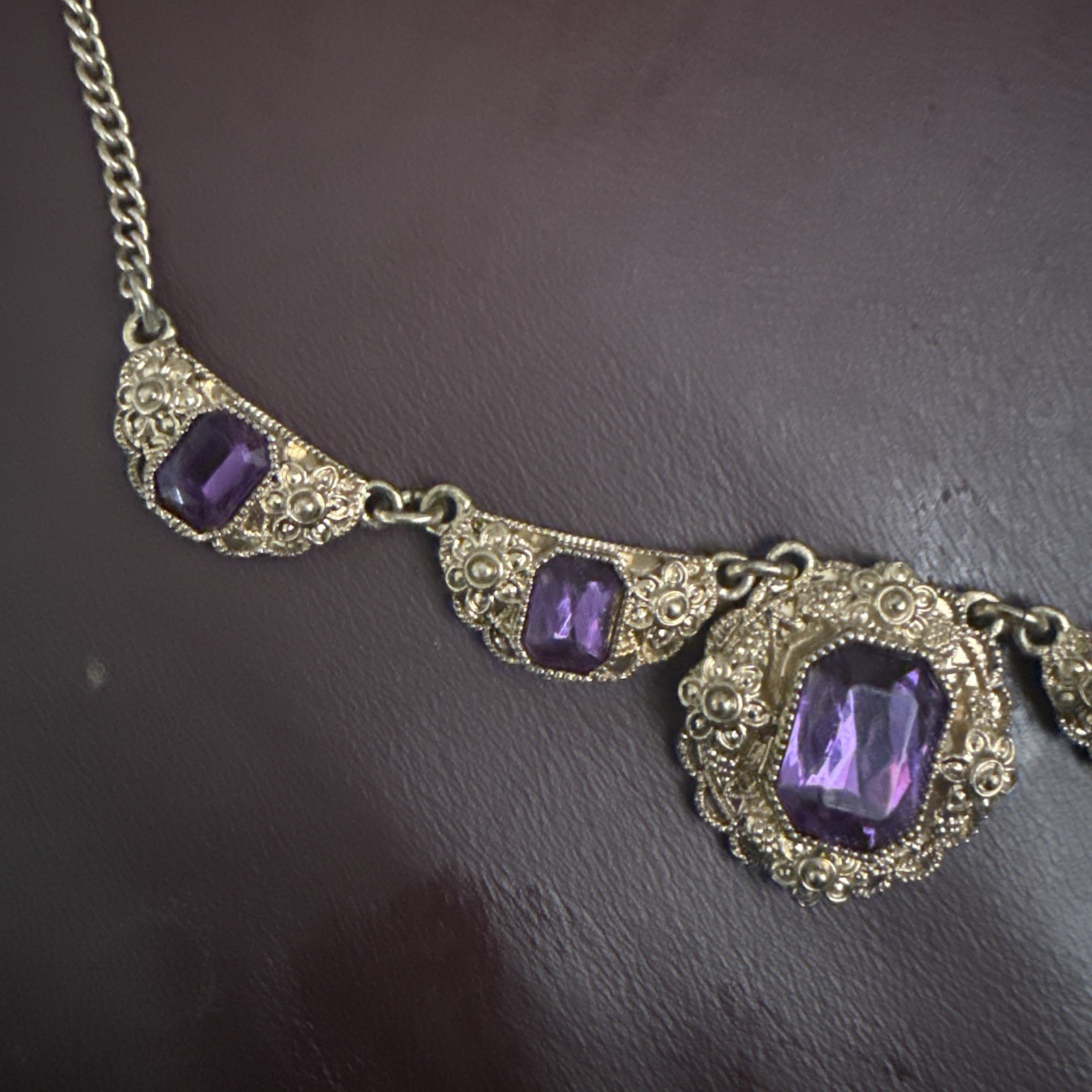 Vintage NEW In Bag AVON Purple Glass Station Necklace Signed NWT
