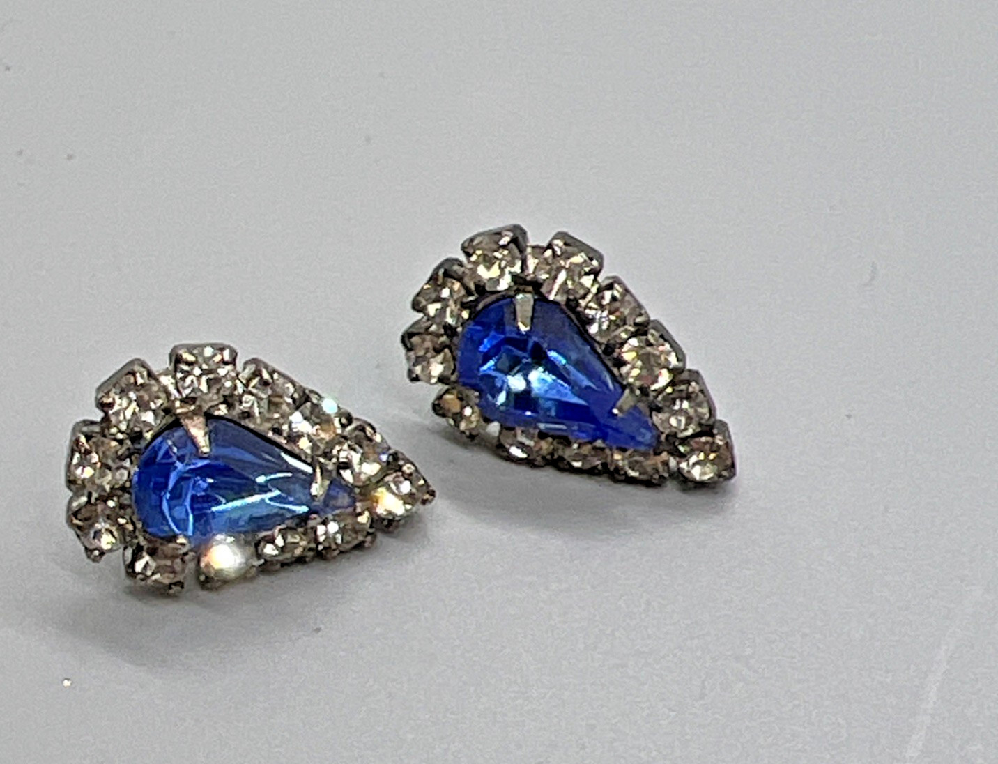 Vintage Teardrop Rhinestone Earrings Blue & Clear Crystal Accent Post Pierced El