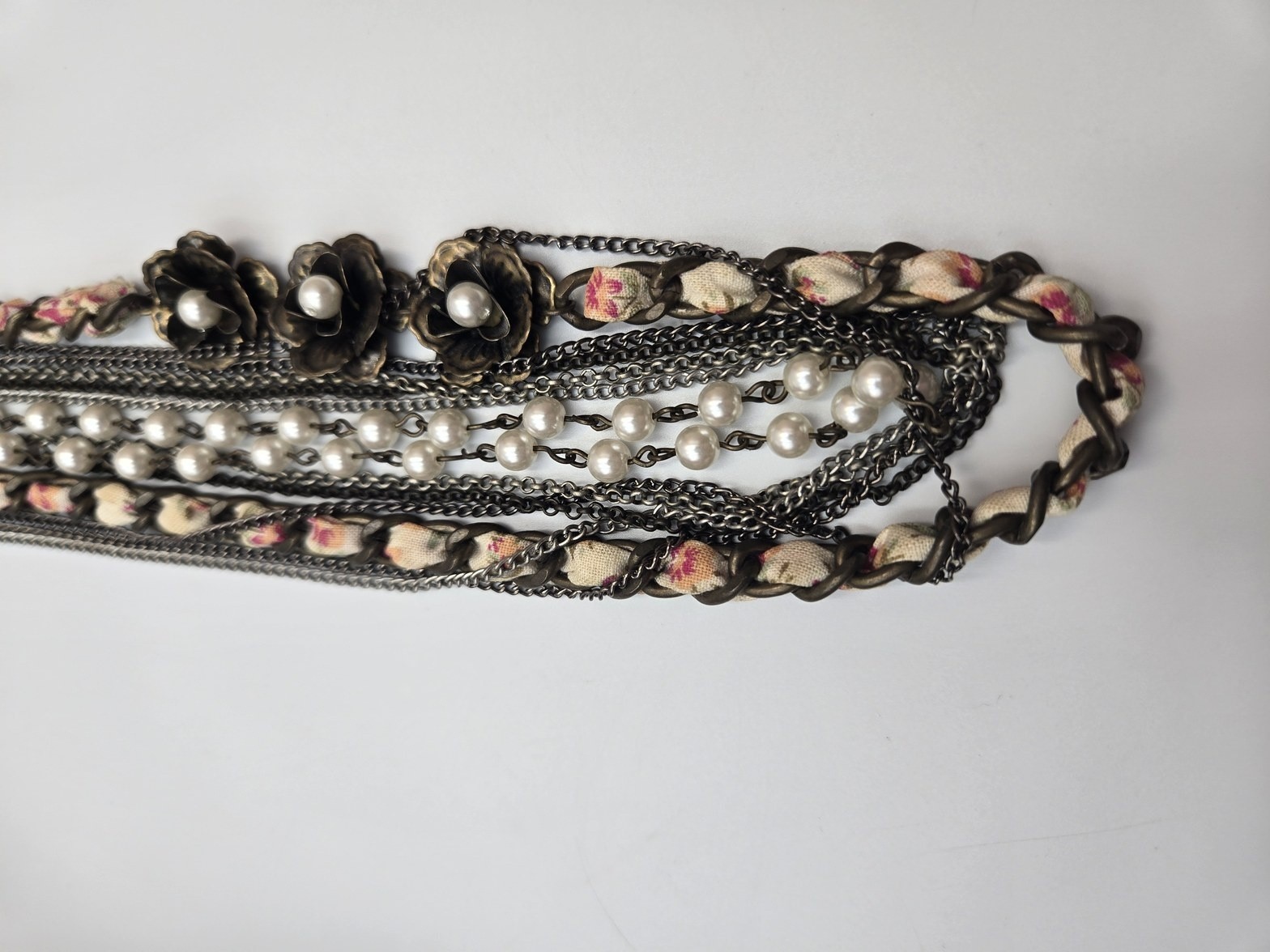 Multi-Strand vtg Bronze color Floral Fabric Pearl Chain Statement Necklace Boho