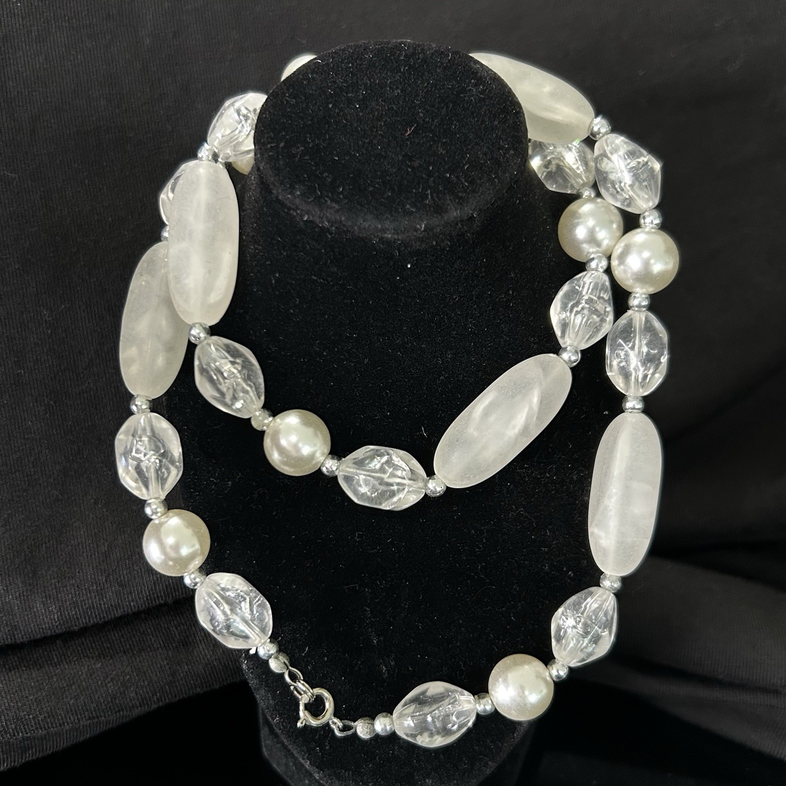 Vintage Baroque Strung Pearl Beaded Necklace with Elongated Clear Acrylic 22”
