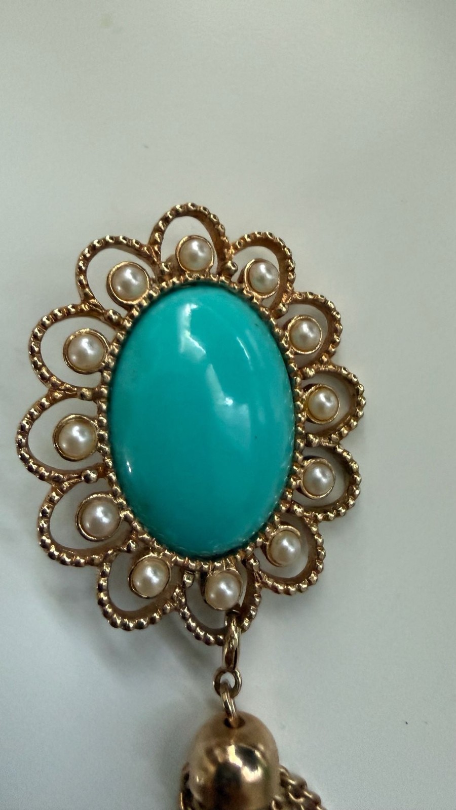 Vintage Sarah Coventry Turquoise Cabochon and Faux Pearl Tassel Brooch