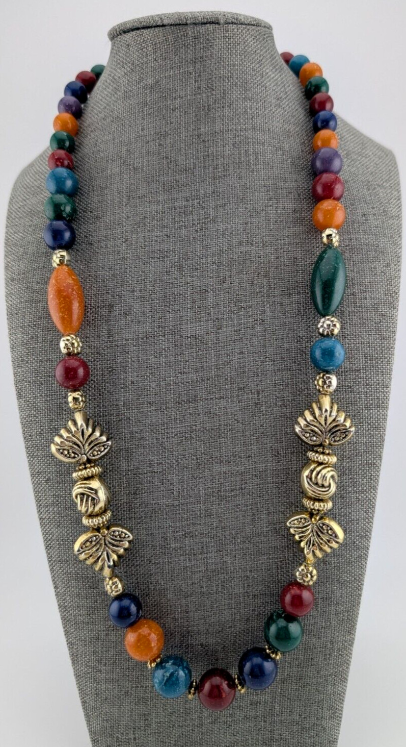 Vintage Light Gold Tone Colorful Speckled Resin Plastic Beaded Necklace 25 in