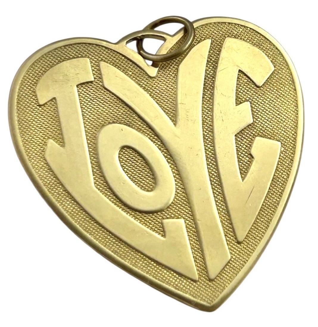 Vintage Love Charm Large Heart Medallion Pendant Brass Metal Jewelry Gift