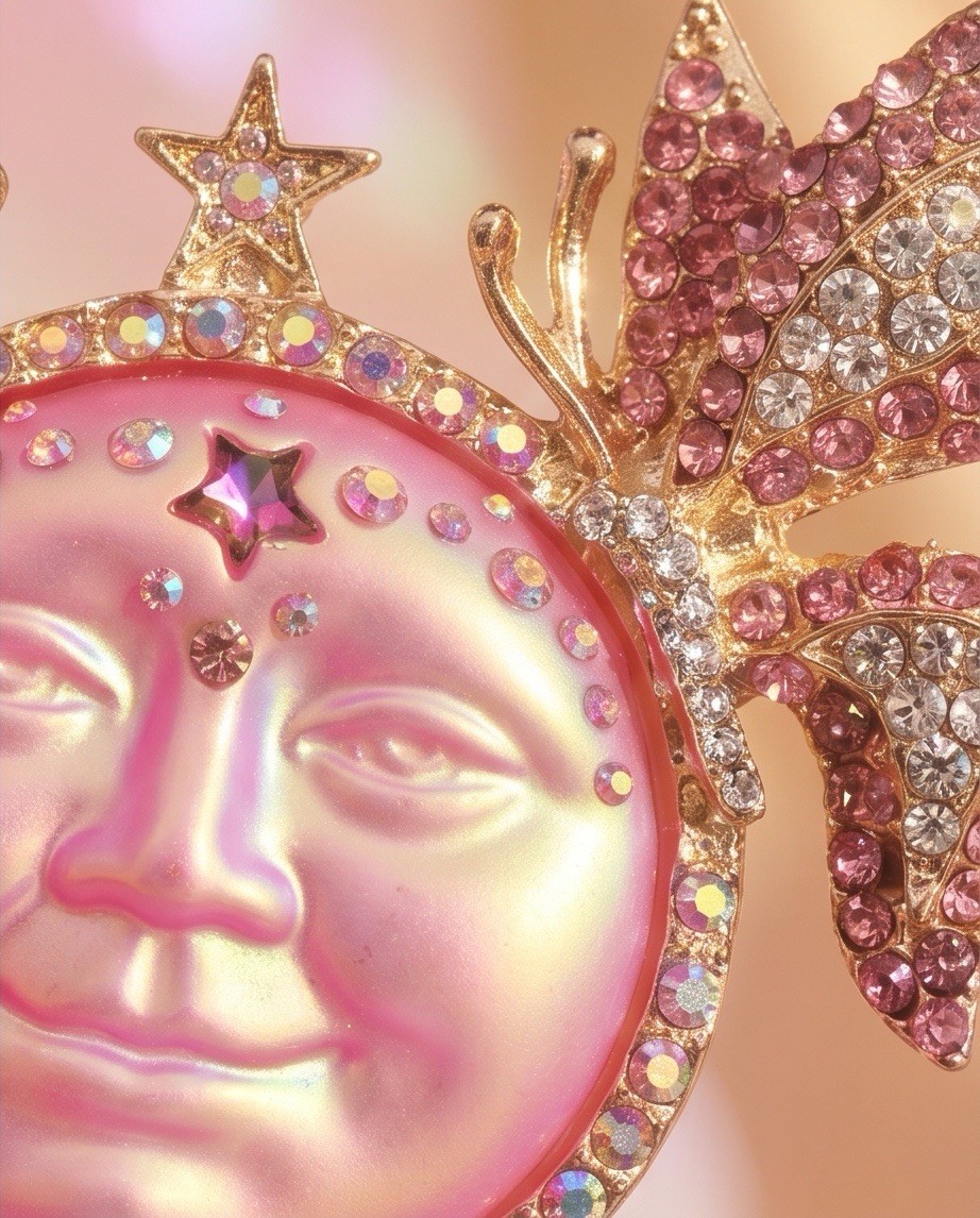 Pink Moon Glow Rhinestone Celestial Brooch