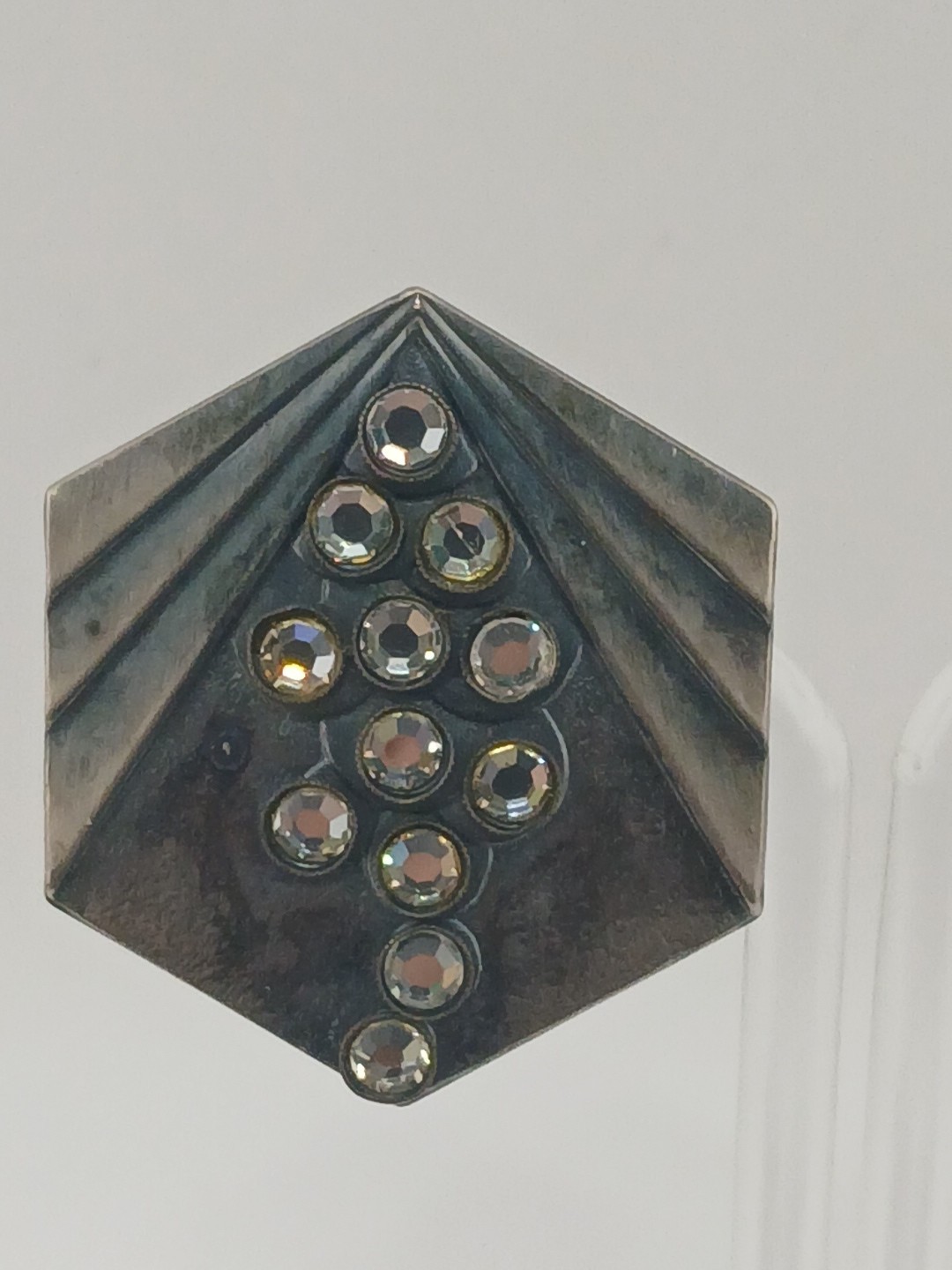 UNIQUE Gunmetal Clear Crystals MODERNIST pointed hexagon Clip-on Earrings