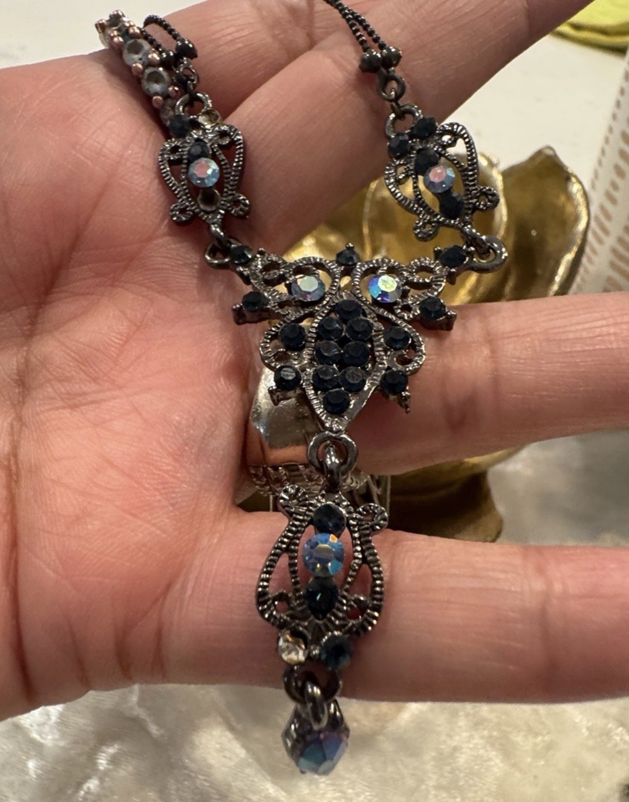 Vtg 1928 Co Victorian Revival Y Drop Black Crystal Necklace