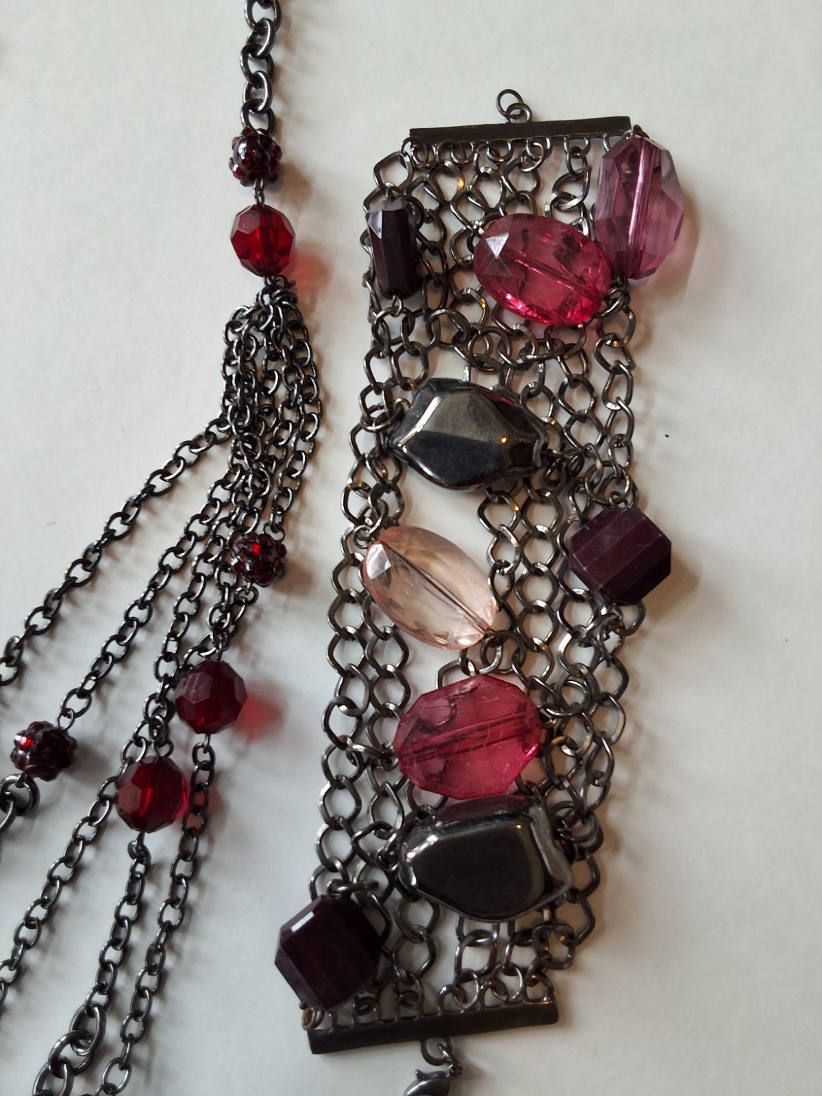 Vintage Multi Strand Tassel Necklace with Deep Red Acrylic Beads and Bracelet.