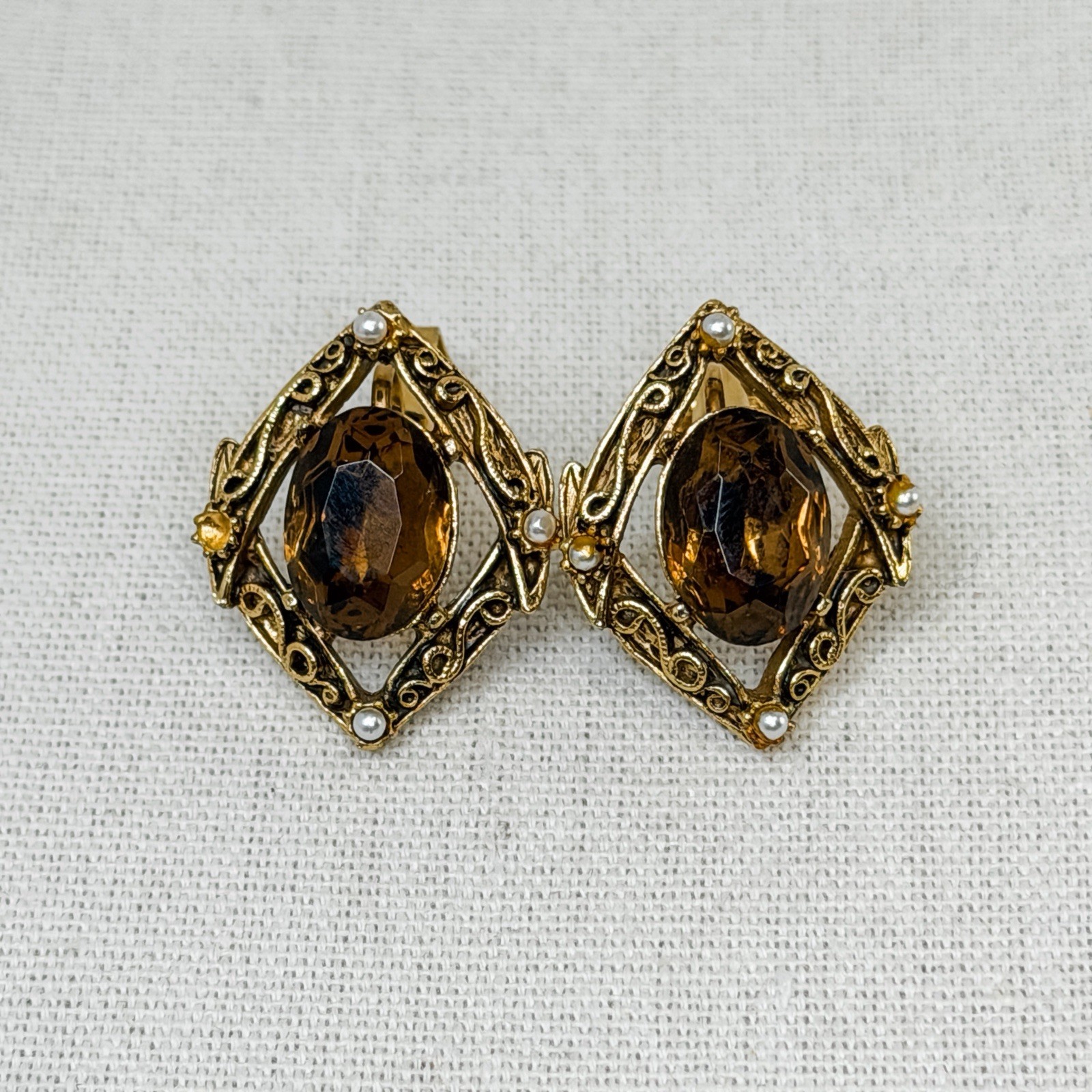 Vintage Florenza Victorian Shield Brooch & Earrings Set Gold Amber Pearl Glass