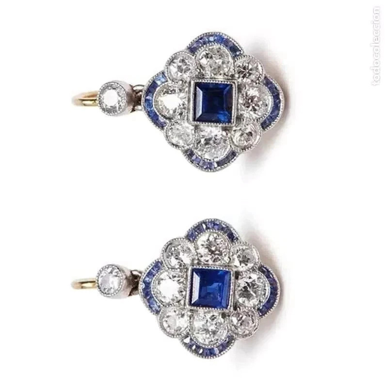 Art Deco Style Lab Created Sapphire Diamond Wedding 14K White Gold FN Earrings