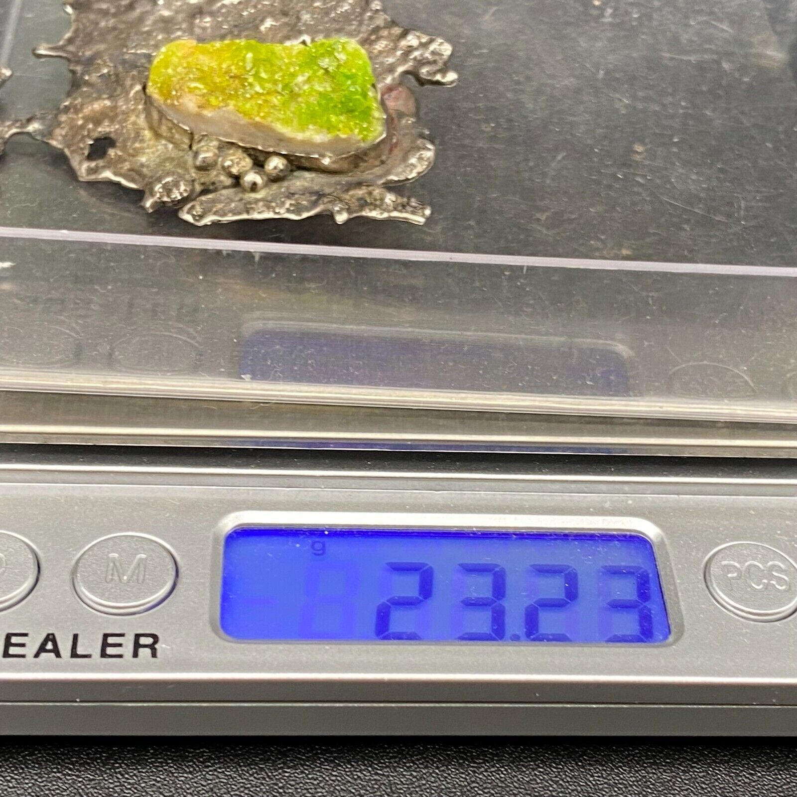 Vintage Brutalist Abstract Green Druzy Stone Silver Pendant