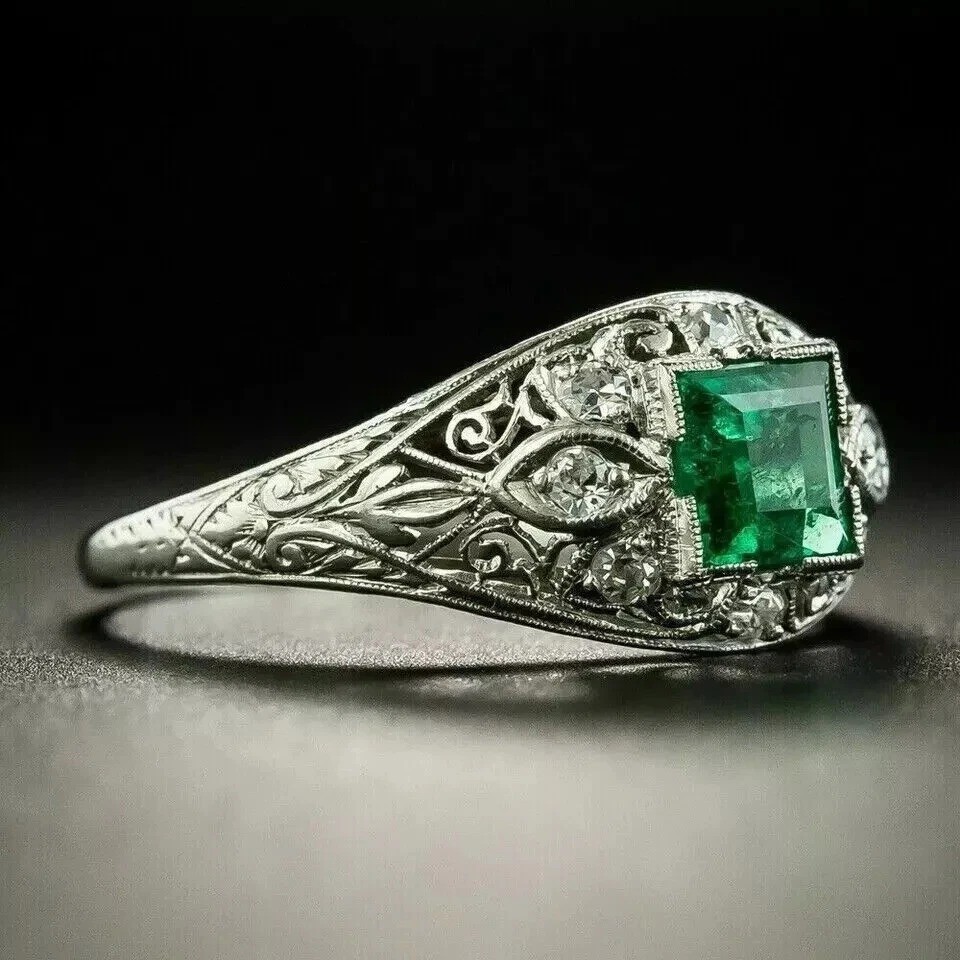 2.78Ct Art Deco Style Lab Created Emerald Anniversary Wedding 925 Silver Ring
