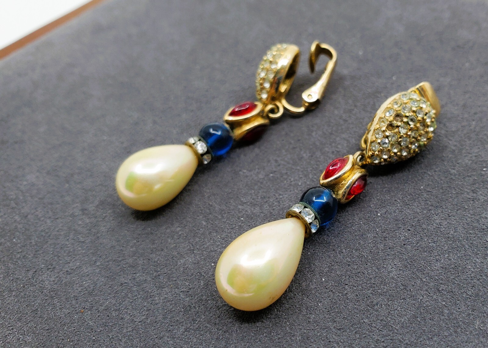 Christian DIOR VTG Gold Ruby Red Blue Glass Cabochons Faux Pearl Dangle Clip On
