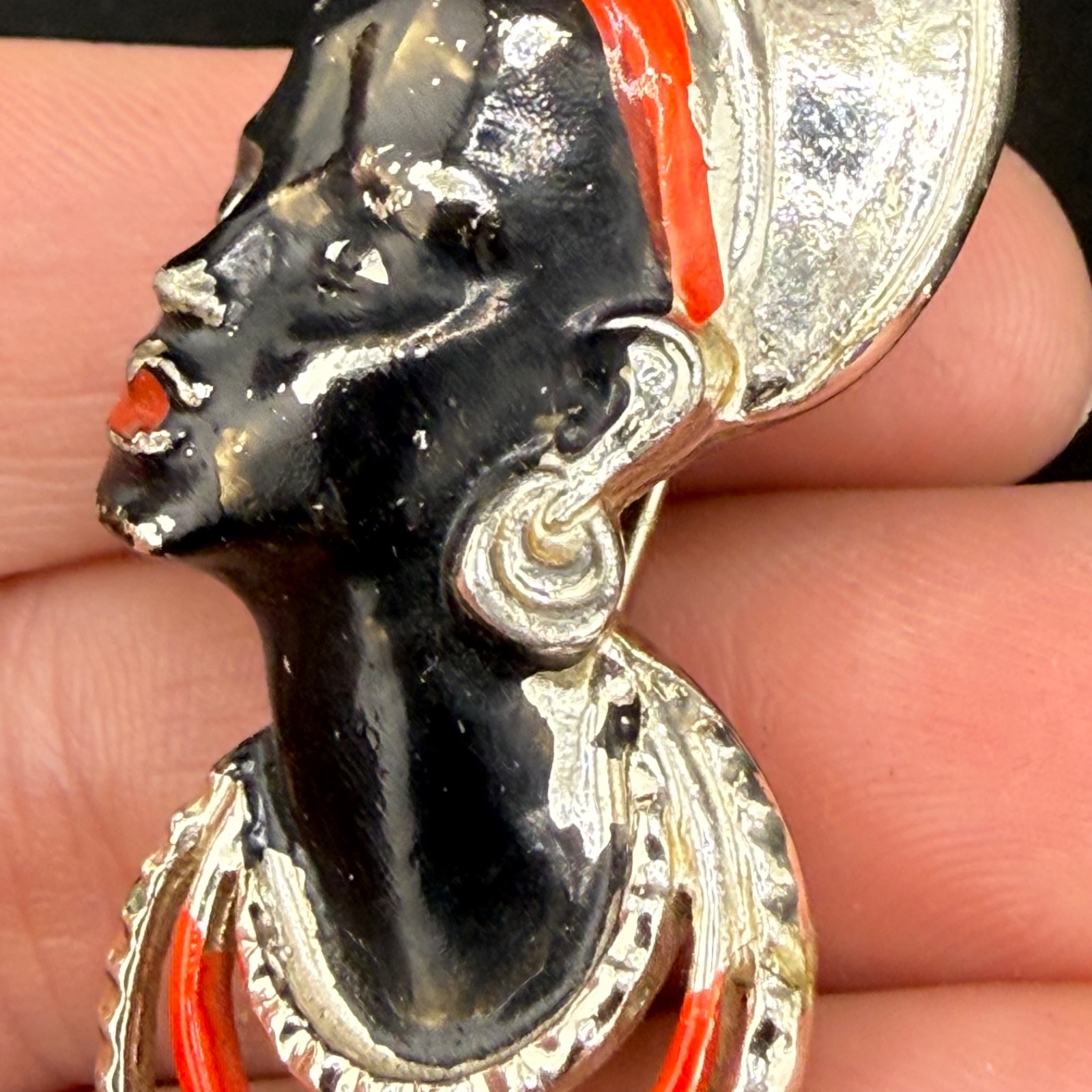 Vintage African Brooch Princess Gold Tone Enamel