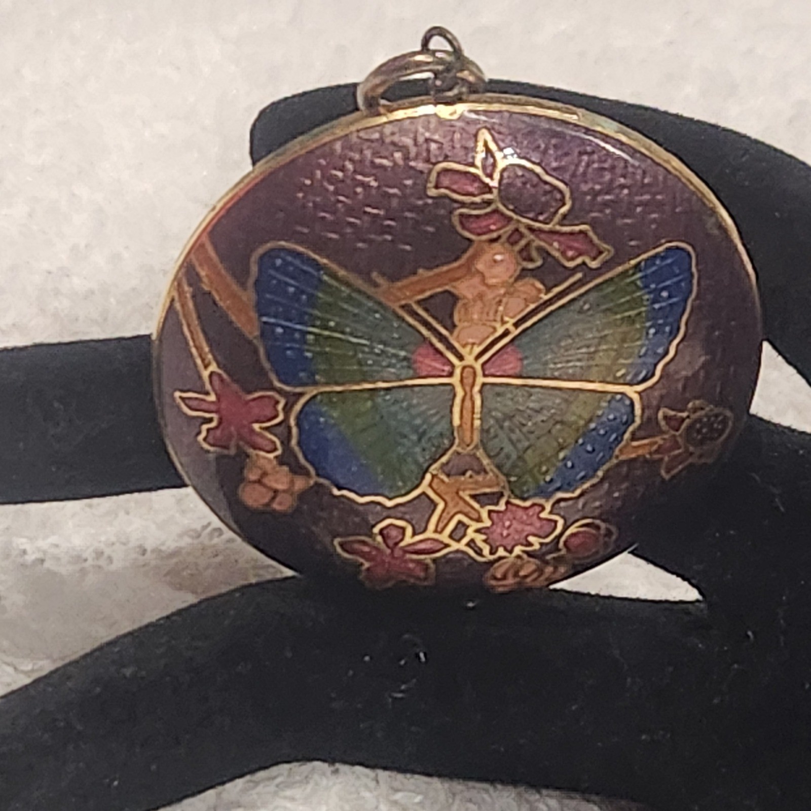 Vintage Cloisonne Butterfly Pendant Purple Floral Gold Tone Round