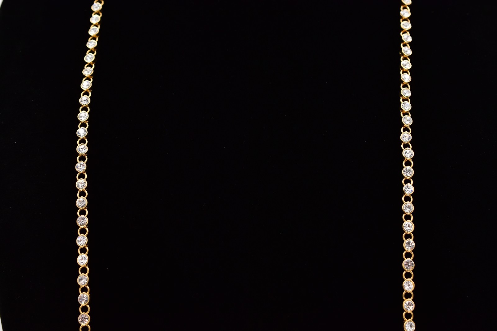 Vintage 50″ Gold Tone Clear Rhinestone Long Necklace Sparkle Crystal 1990s Bin3D