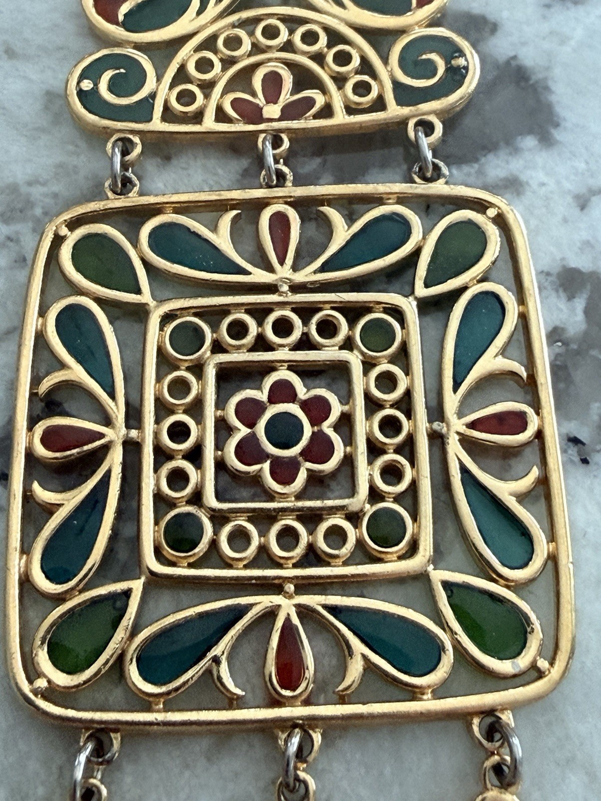 Trifari Plique a Jour Necklace Gold Tone Red Green Stained Glass Pendant Vintage
