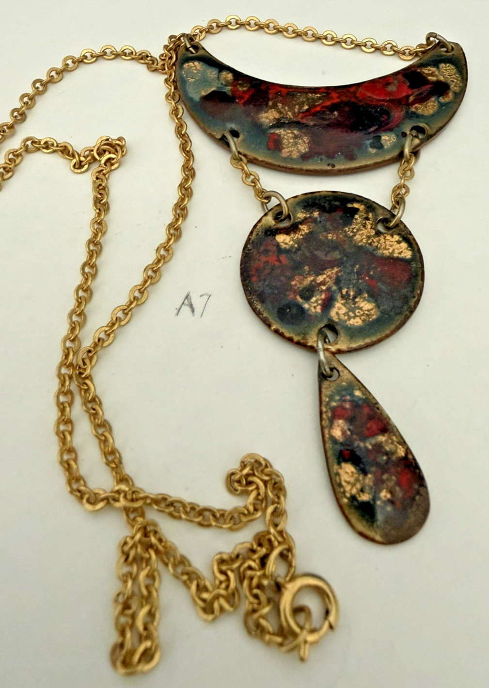 Vintage Artisan Enamel Abstract Pendant Necklace Modernist Brass Tone