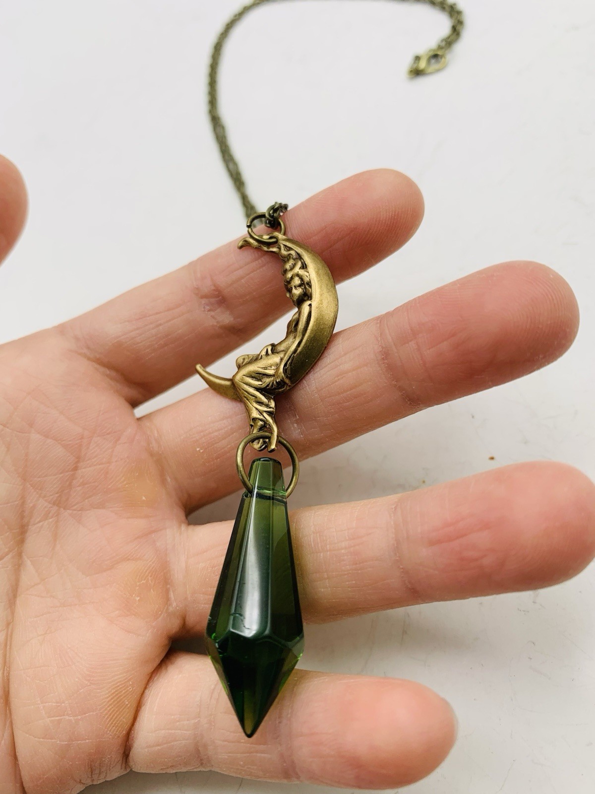 Vintage Art Nouveau Style Bronze Crescent Moon Goddess Green Drop-down Necklace