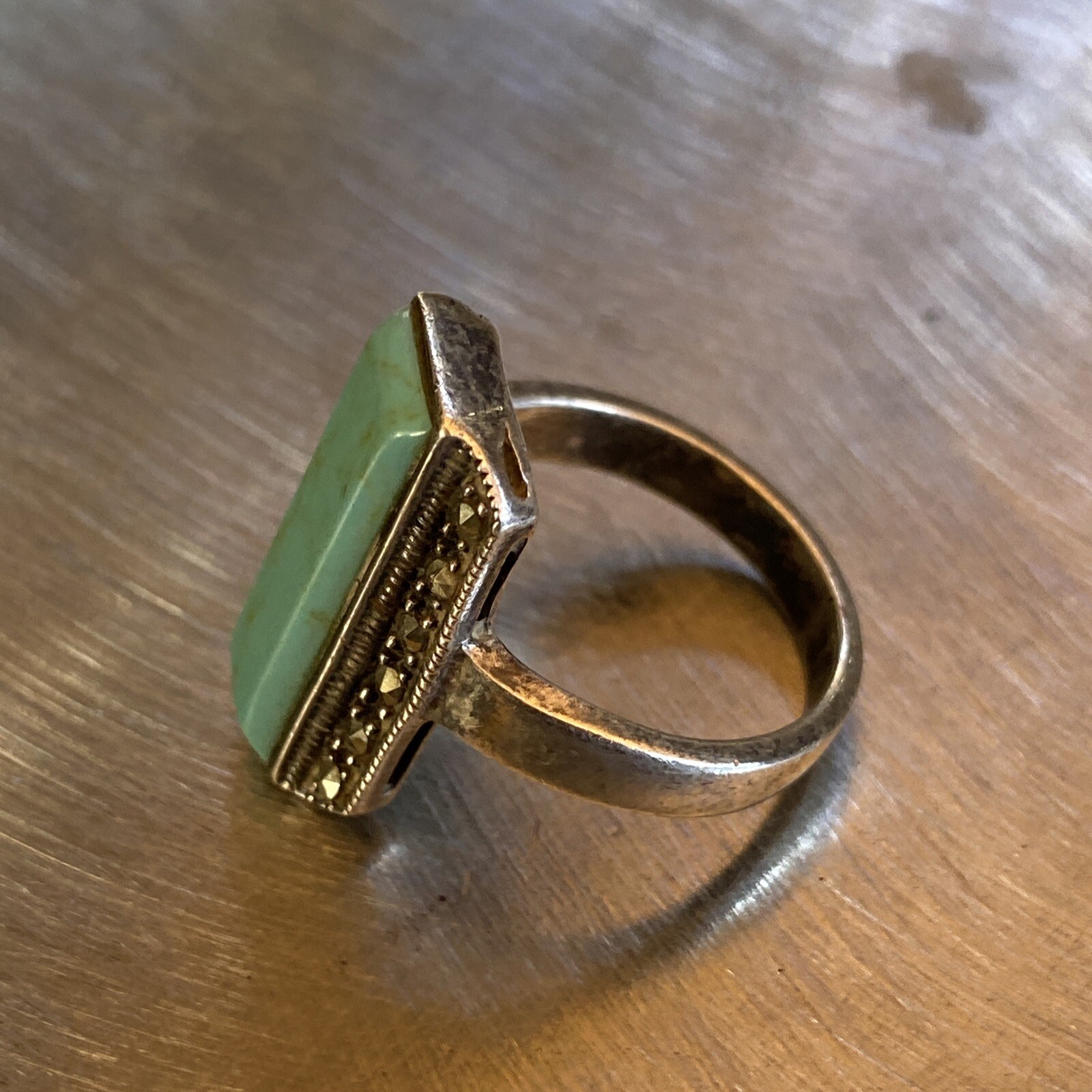 Vintage Sterling Silver Rectangle Marcasite Frame Turquoise Ring Size 7