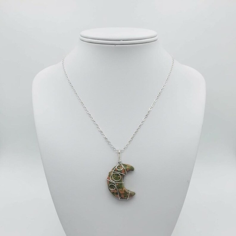 Unakite Pendant Necklace, Handmade Wire Wrapped Green Pink Stone Charm