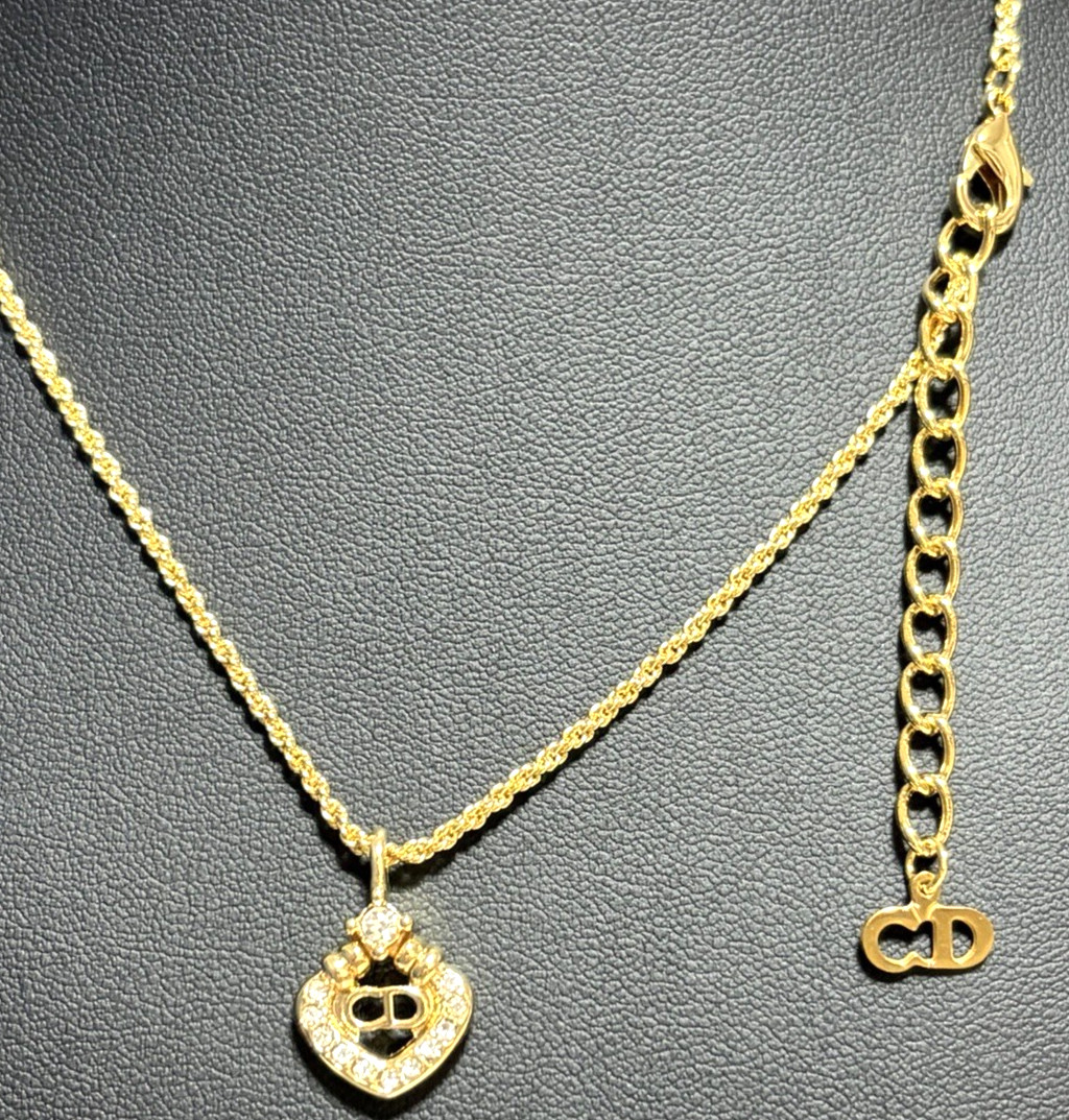 Christian Dior necklace pendant rhinestone gold plated diamond shape