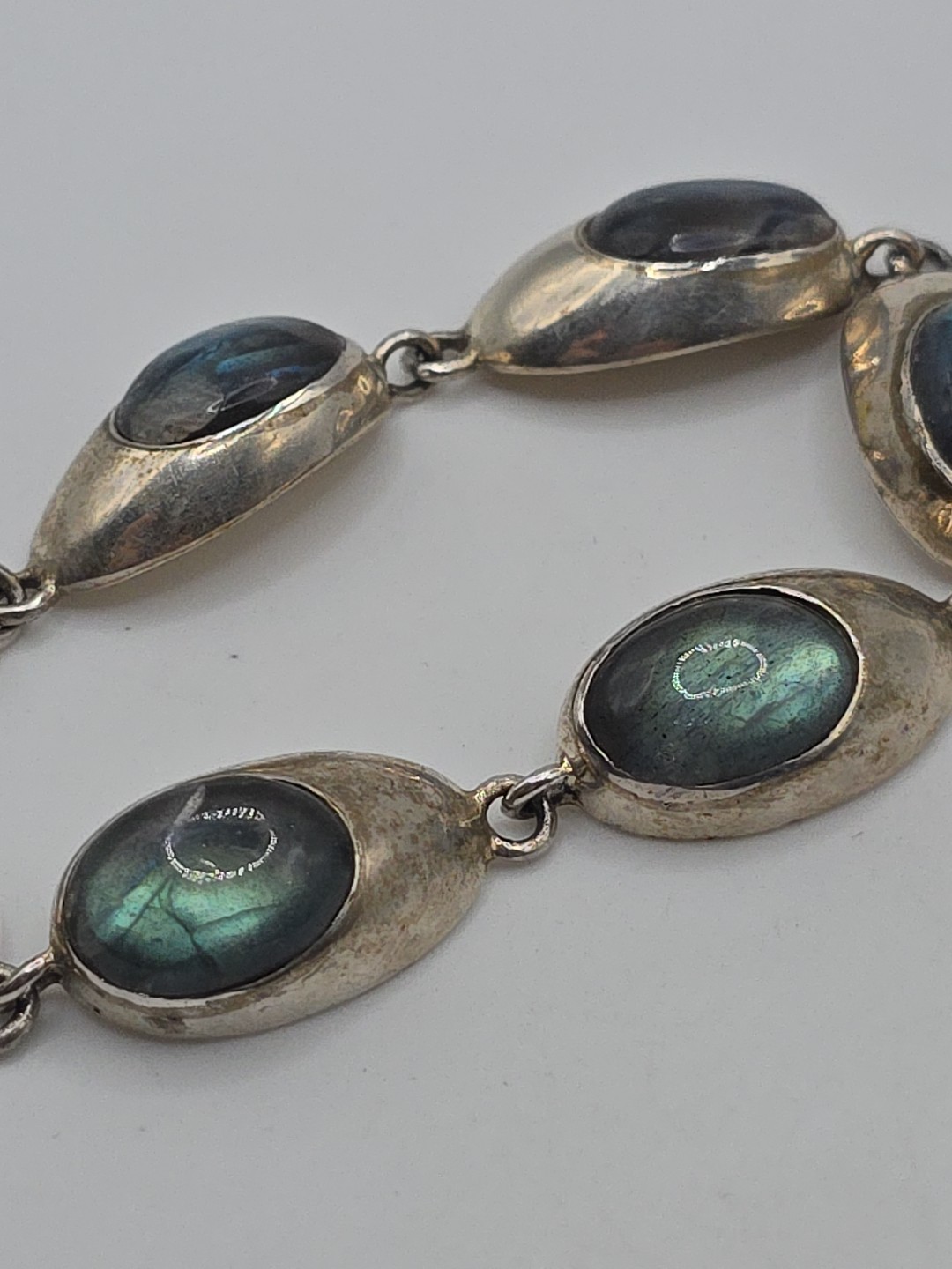 Vintage Sterling Silver 925 Labradorite Oval Link Bracelet 7.25″ 31g