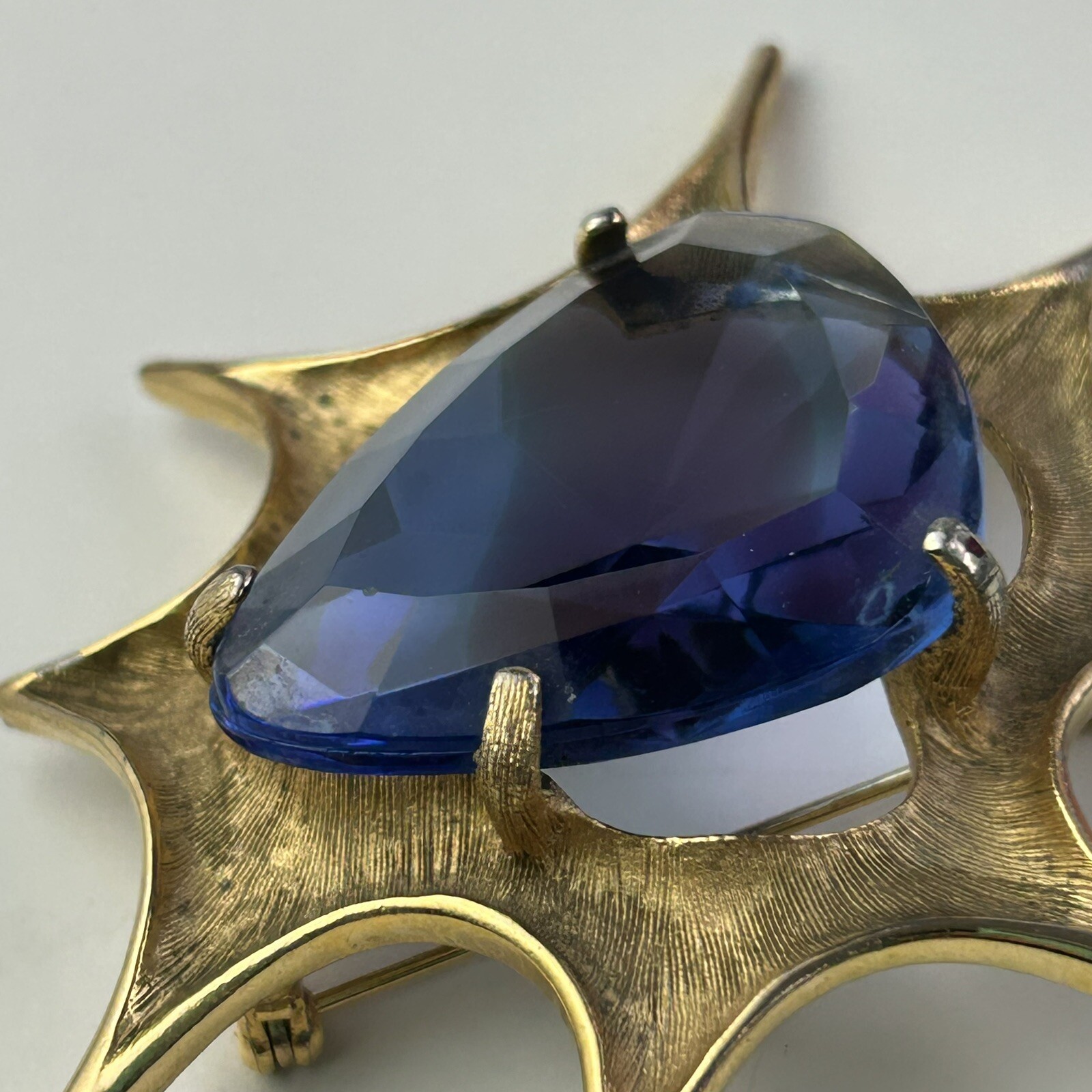 Atomic Blast Brooch Pin Signed BSK Gold Tone Blue Stone Starburst Vintage MCM
