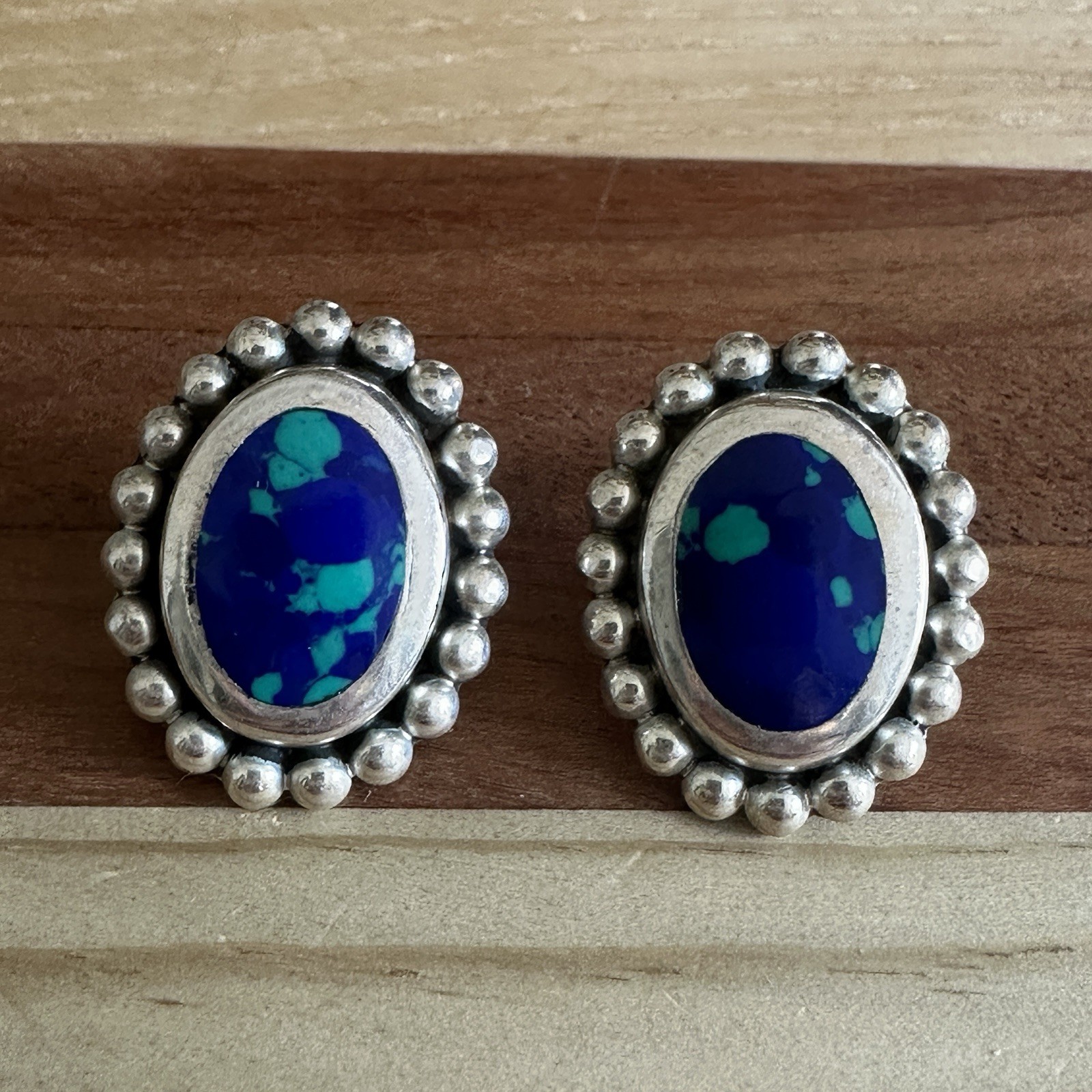 Vintage Mexico Stud Earrings 1″ Azurite Malachite Bead Accent 925 Sterling 8.8g