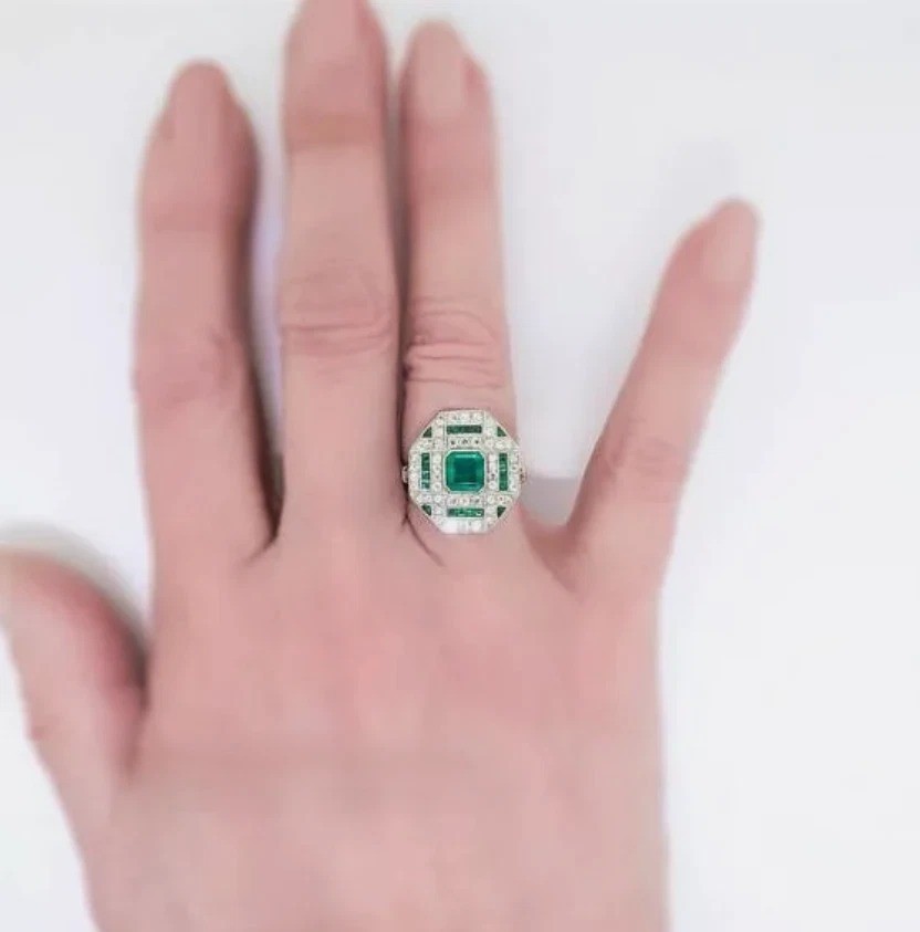 3.55CT Art Deco Style Green Lab Created Emerald Engagement 14K Gold Finish