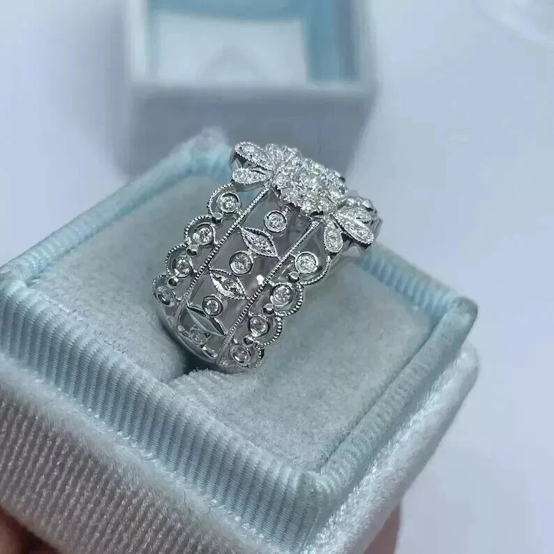 Art Deco Vintage Style Lab Created Diamond Engagement 14k White Gold Finish Ring