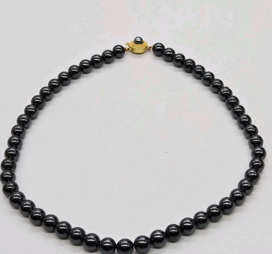 Hematite Beaded Choker Necklace Black Ball Vintage Fancy Clasp Couture Gold tone