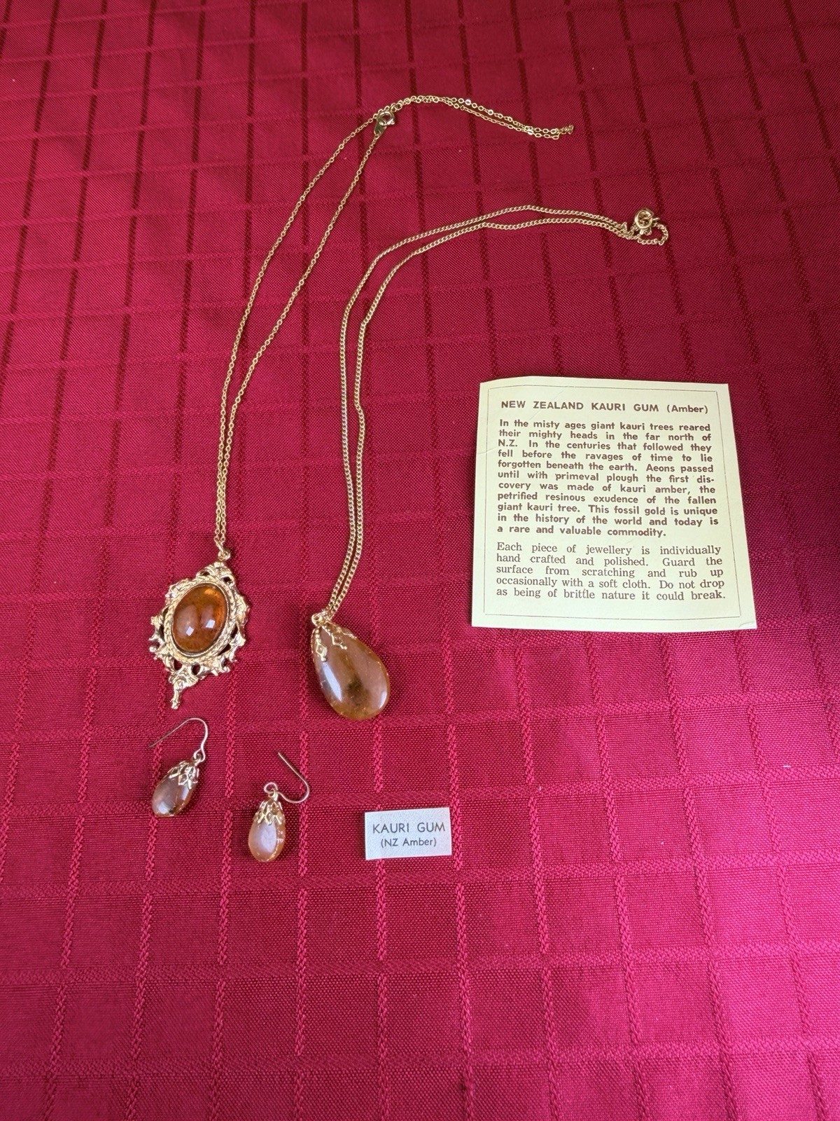 Lot 2 Vtg New Zealand Kauri Gum Amber Necklaces Earrings Gold Tone 18”
