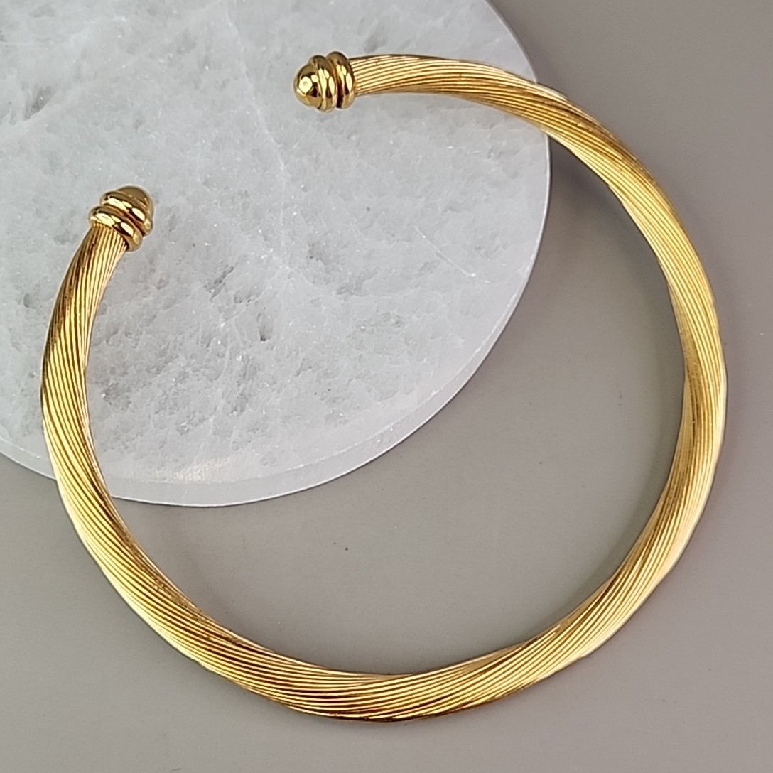 Vintage Wire Cable Torque Necklace Gold Tone Modernist Collar Rolled 14.5″
