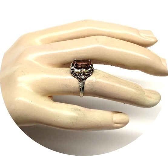 Gorgeous Rosy-Pink TOURMALINE Ring – Art Deco Filigree – 14k Solid White Gold…