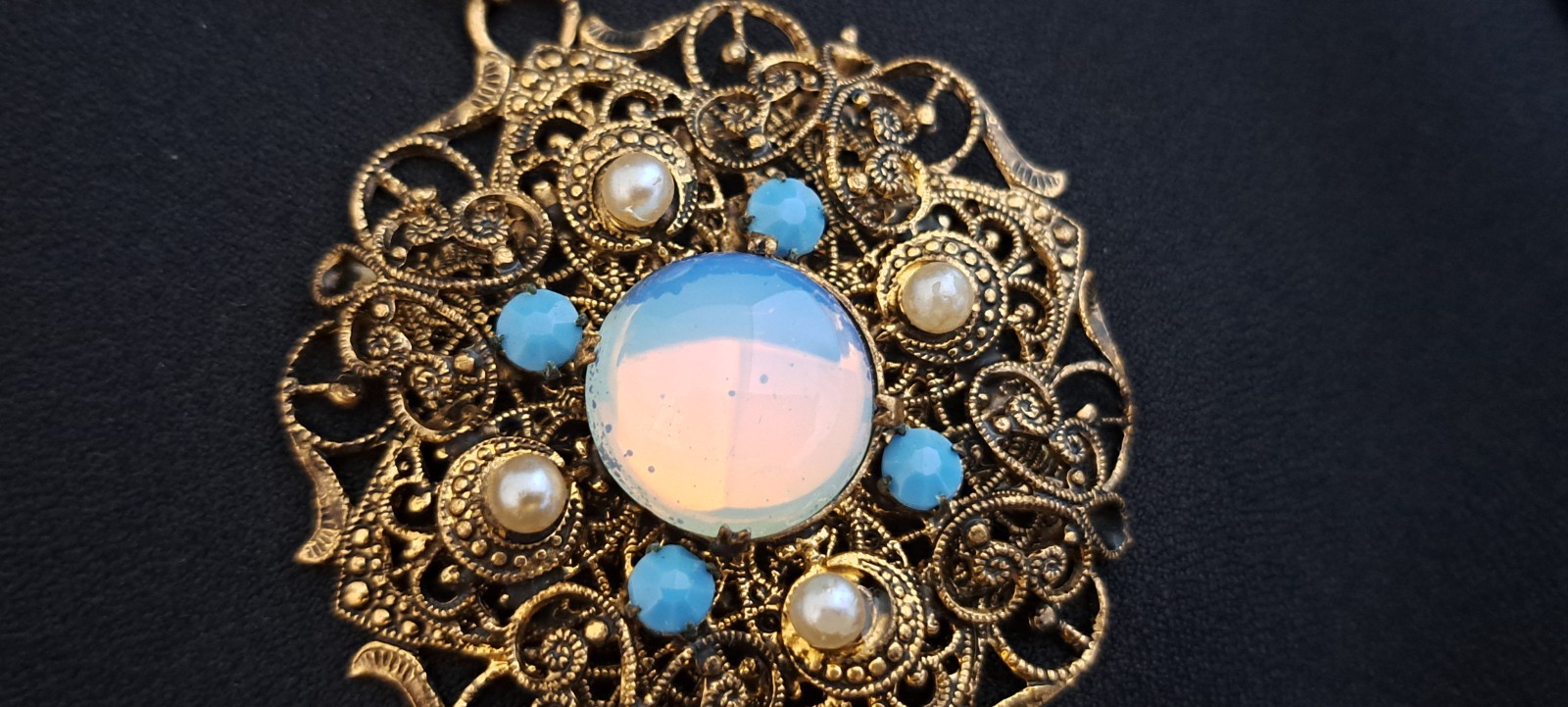 Vintage W. Germany? Gold Filigree Opaline Cabochon & Accented Pendant Necklace