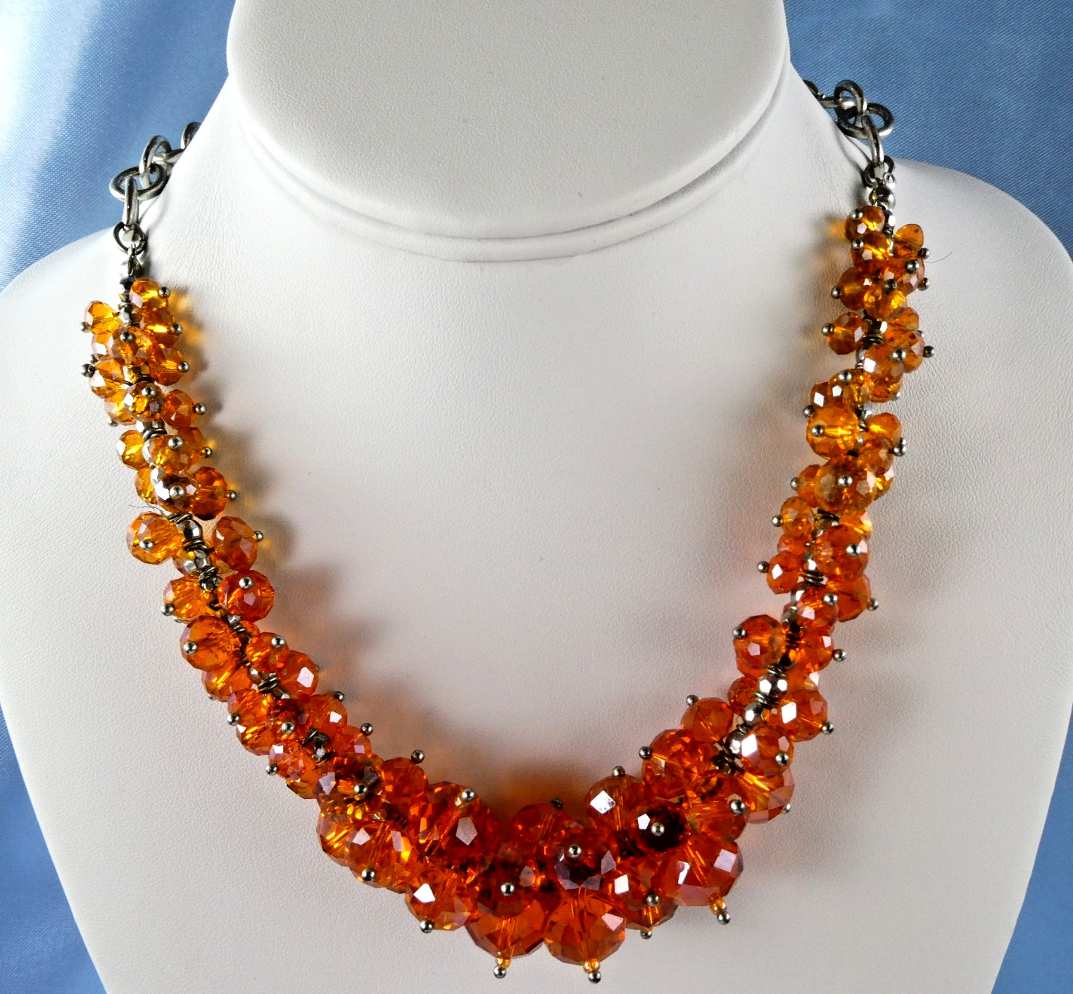 Pretty Glass Crystal ORANGE Beaded Necklace Silver Tone Fashion Jewelry SPARKLE!