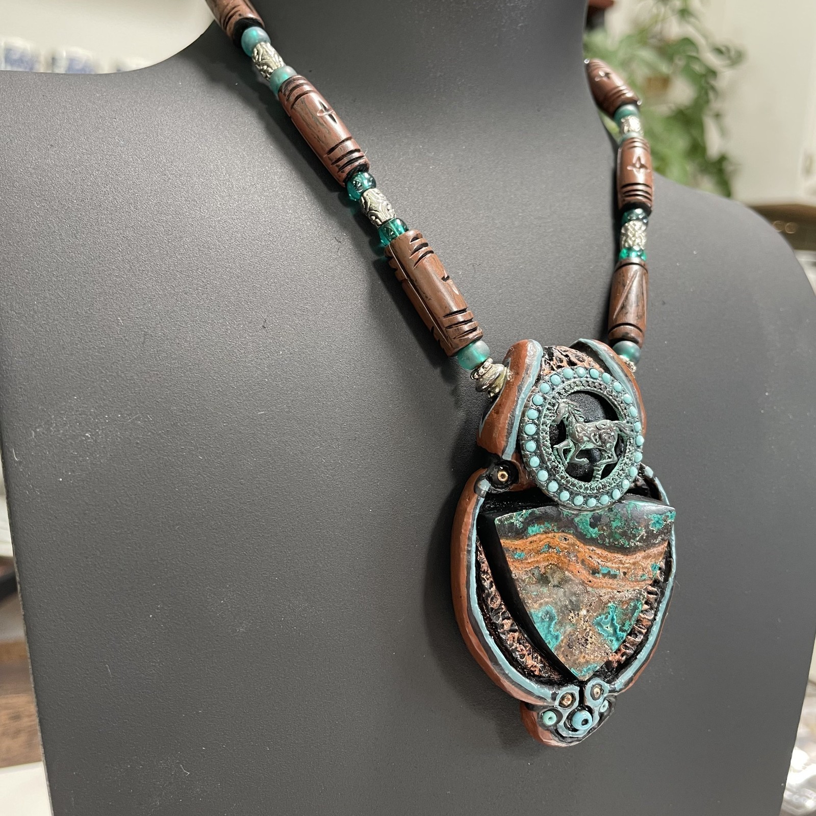 Boho Artisan Triangle Royston Turquoise w/Running Horse Turquoise beads Necklace