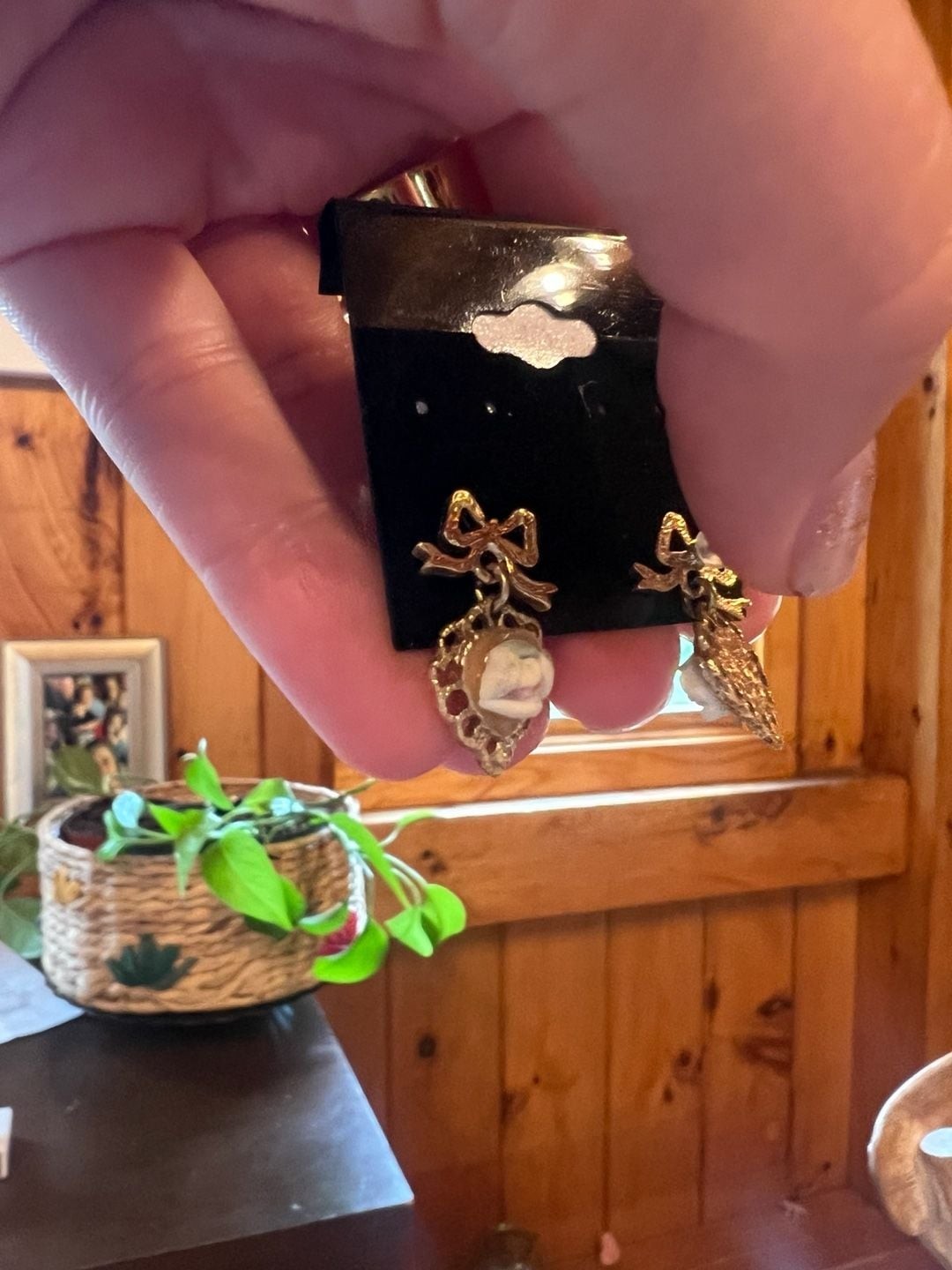 Vintage Gold-Tone Bow and Heart Drop Earrings with Floral Cameo Detail