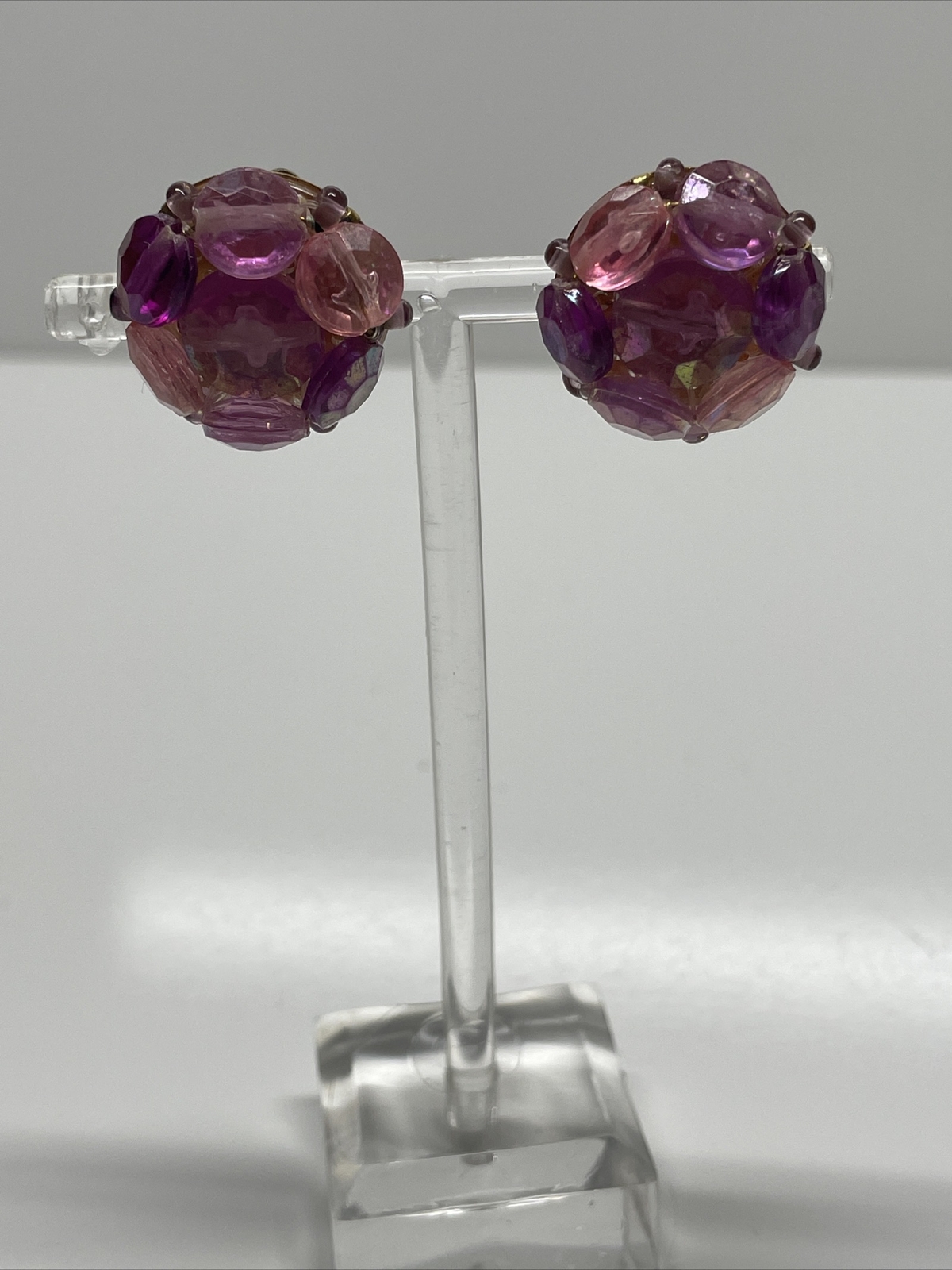 Vintage Western Germany Gold Tone Purple Beaded Cluster Clip On Earrings