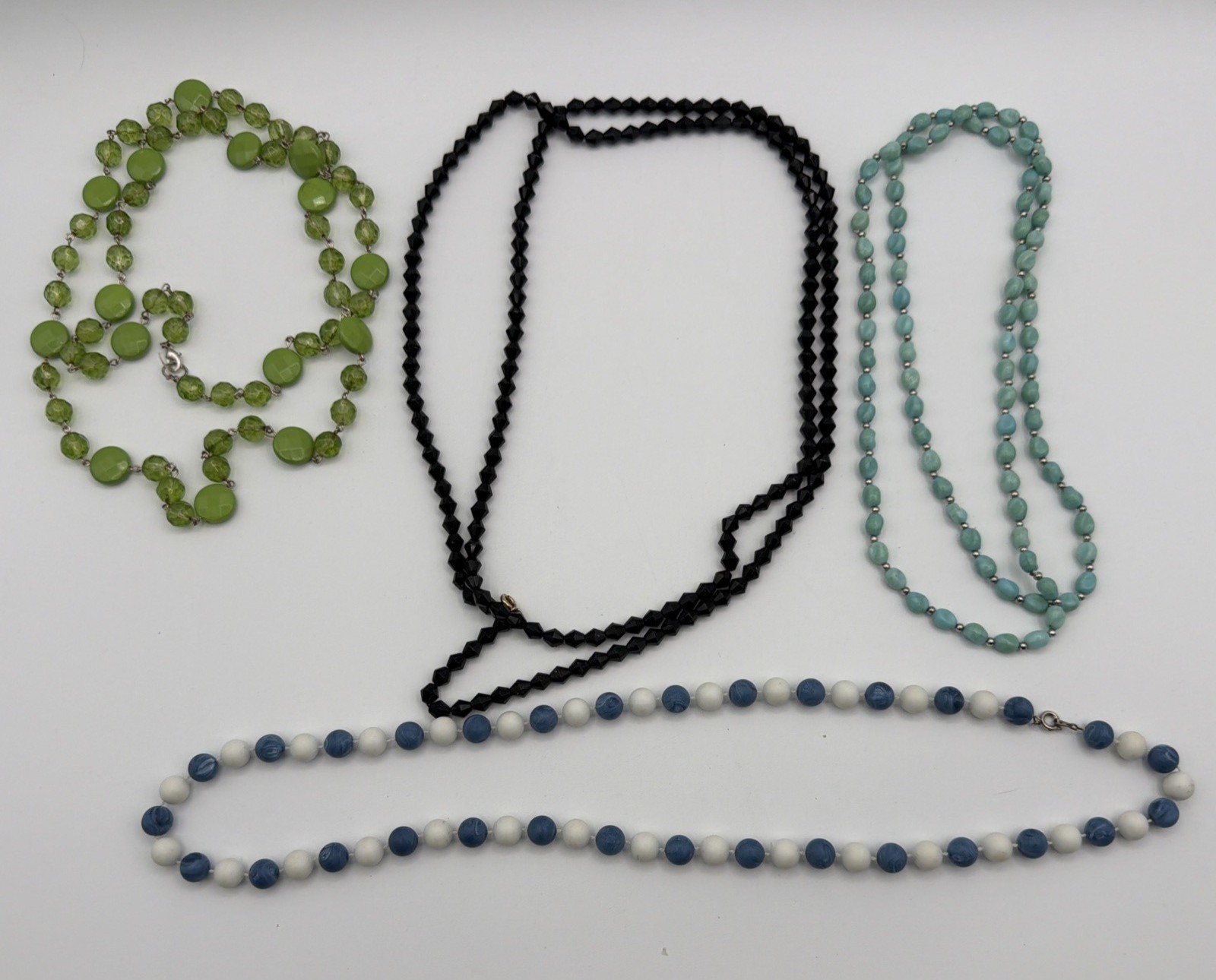 4 Pc Beaded Necklace Lot Blue White Green Black Glass Acrylic Mixed Styles