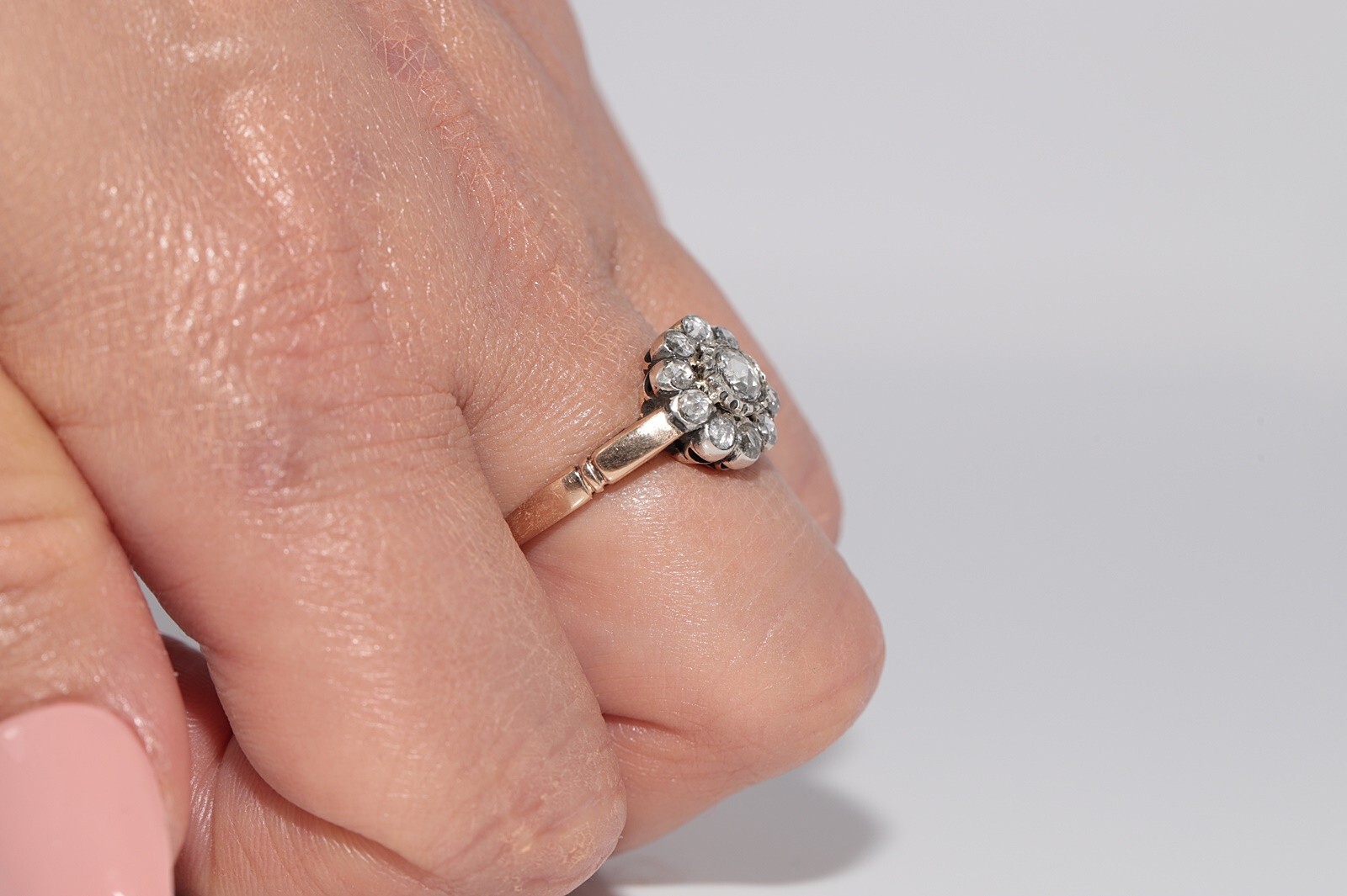 Vintage Circa 1980s 14k Gold Top Silver Natural Rose Cut Diamond Ring